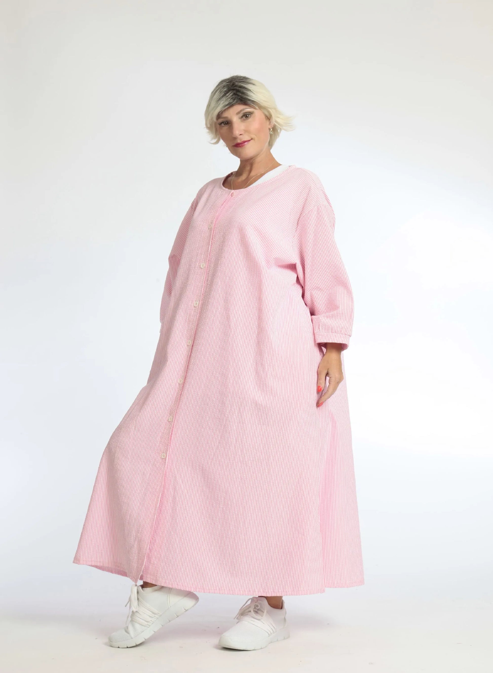  Lässiger Baumwollmantel im frischen Pink mit Seersucker-Textur für perfekten Lagenlook Plus Size