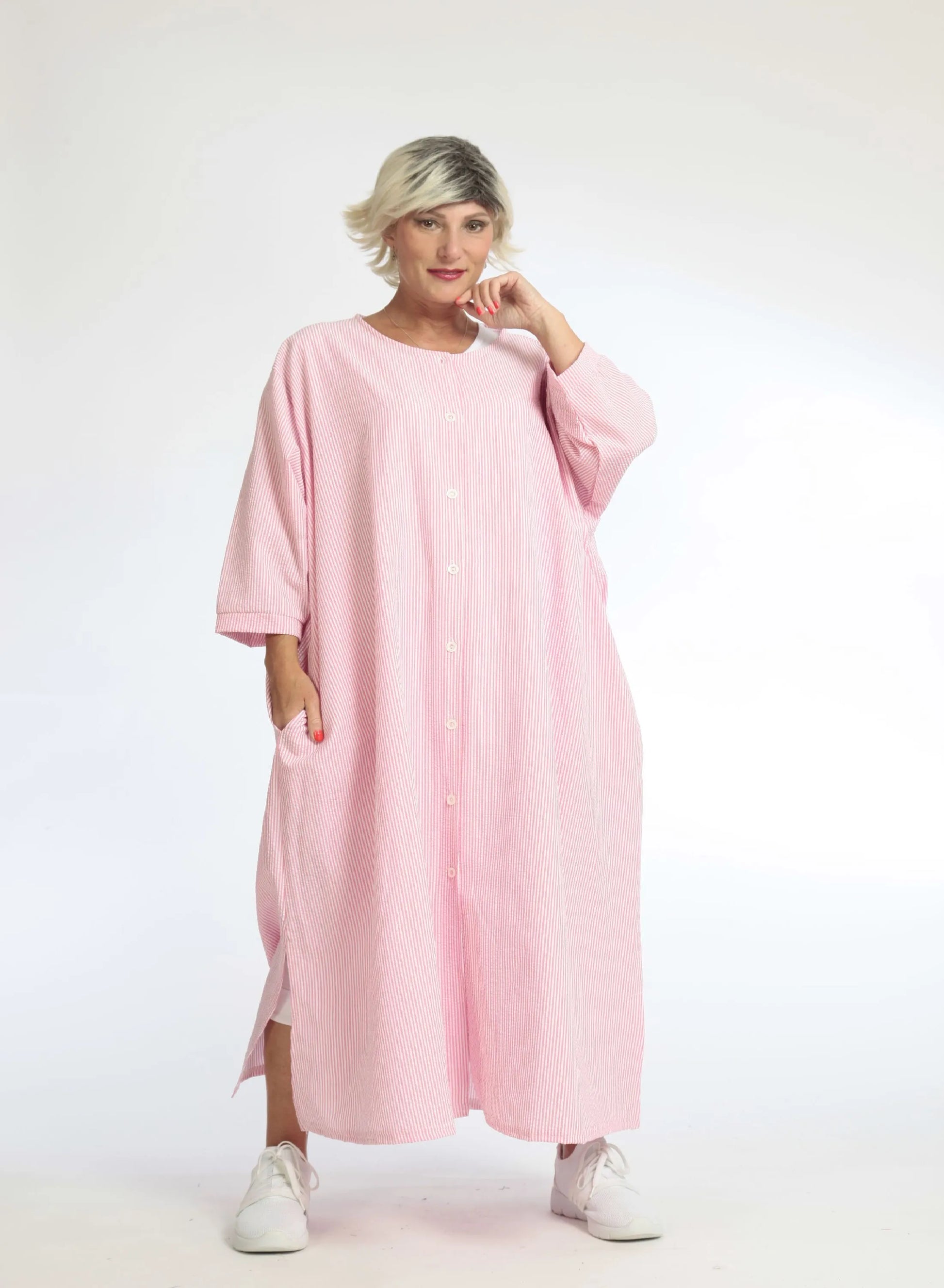  Lässiger Baumwollmantel im frischen Pink mit Seersucker-Textur für perfekten Lagenlook Plus Size