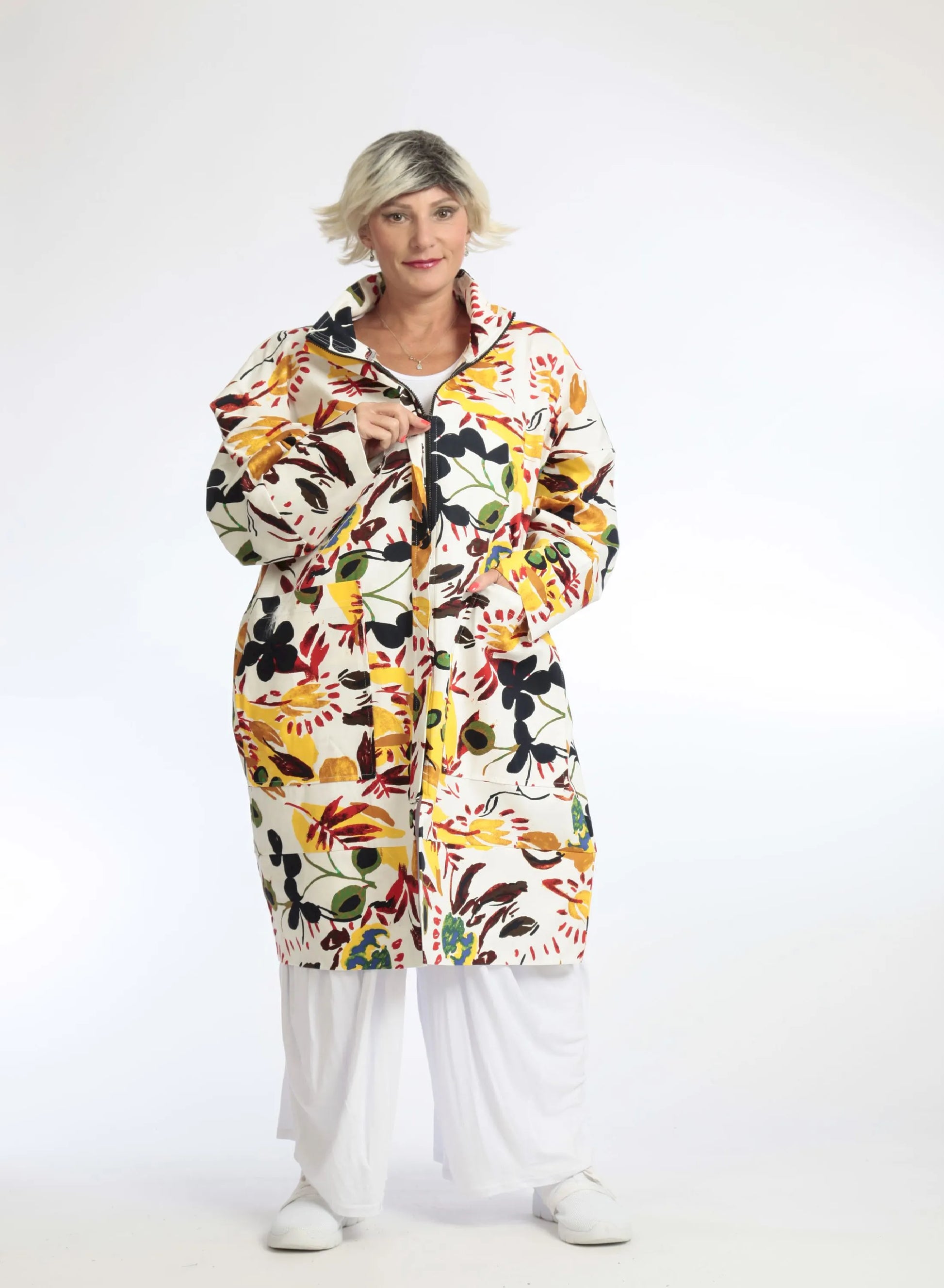  Jacke von AKH Fashion aus Baumwolle in gerader Form, 1059.06693, Weiß, Blumen, Ausgefallen