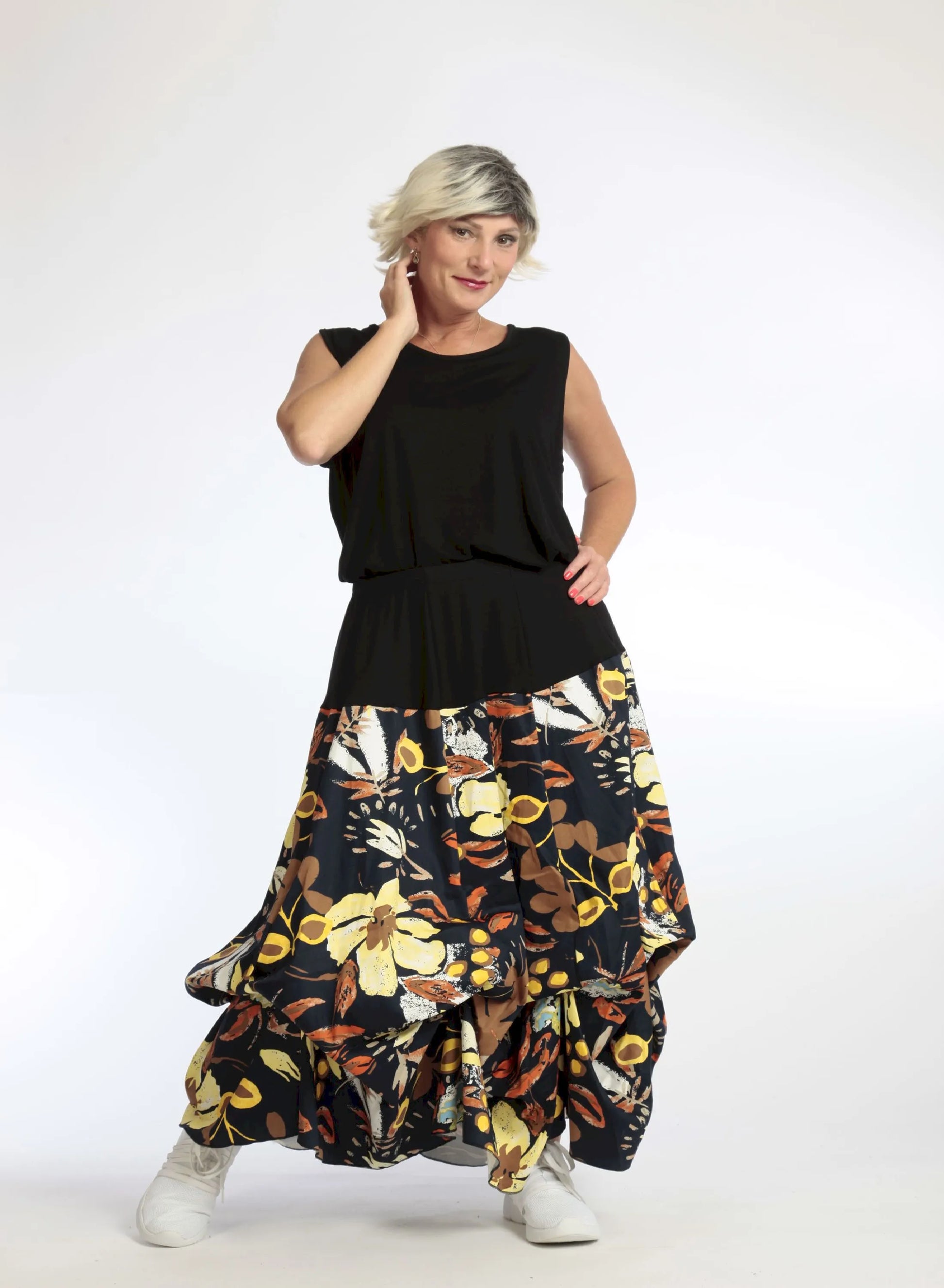  Eleganter Ballonrock mit floralen Mustern in Dunkelblau und elastischem Bund für Plus Size Fashion