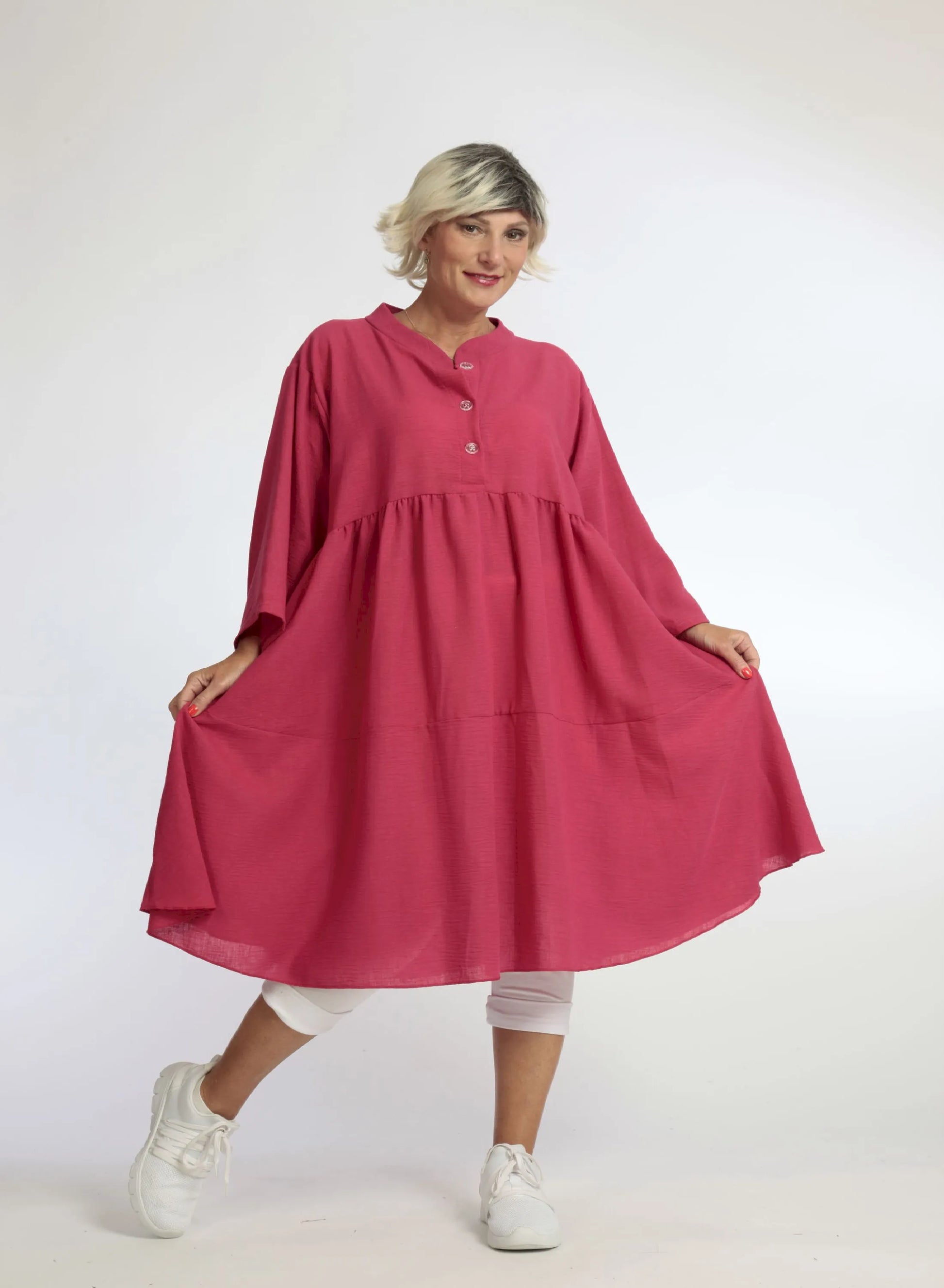  A-Form Kleid in strahlendem Fuchsia mit Stehkragen und 3/4-Ärmeln, ideal für Frühling und Sommer