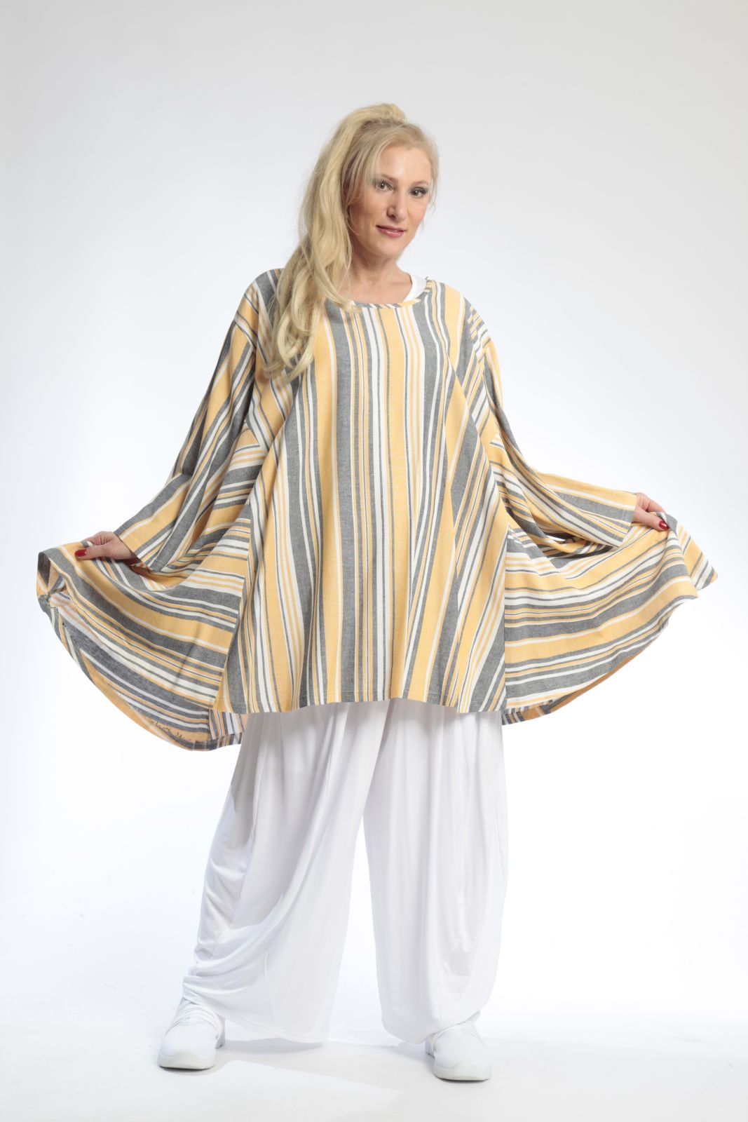  A-Form Bigshirt von AKH Fashion aus Viskose, 0805.00593, Gelb, Streifen, Schick, Modern