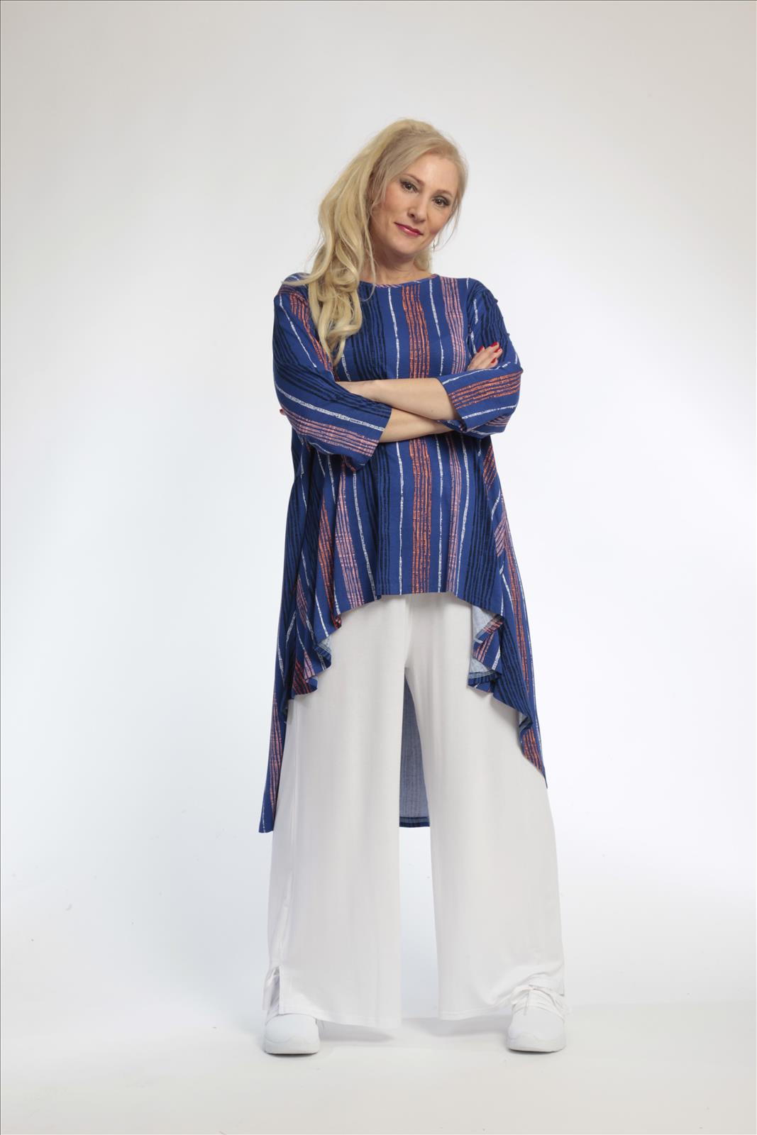  AKH Fashion Shirt in Vokuhila-Form, aus Viskose, 0793.02345, Royalblau-Multi, Streifen