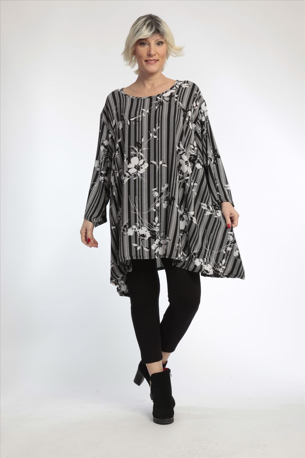  A-Form Bigshirt von AKH Fashion aus Materialmix, 0828.00593, Schwarz-Weiß, Streifen, Schick