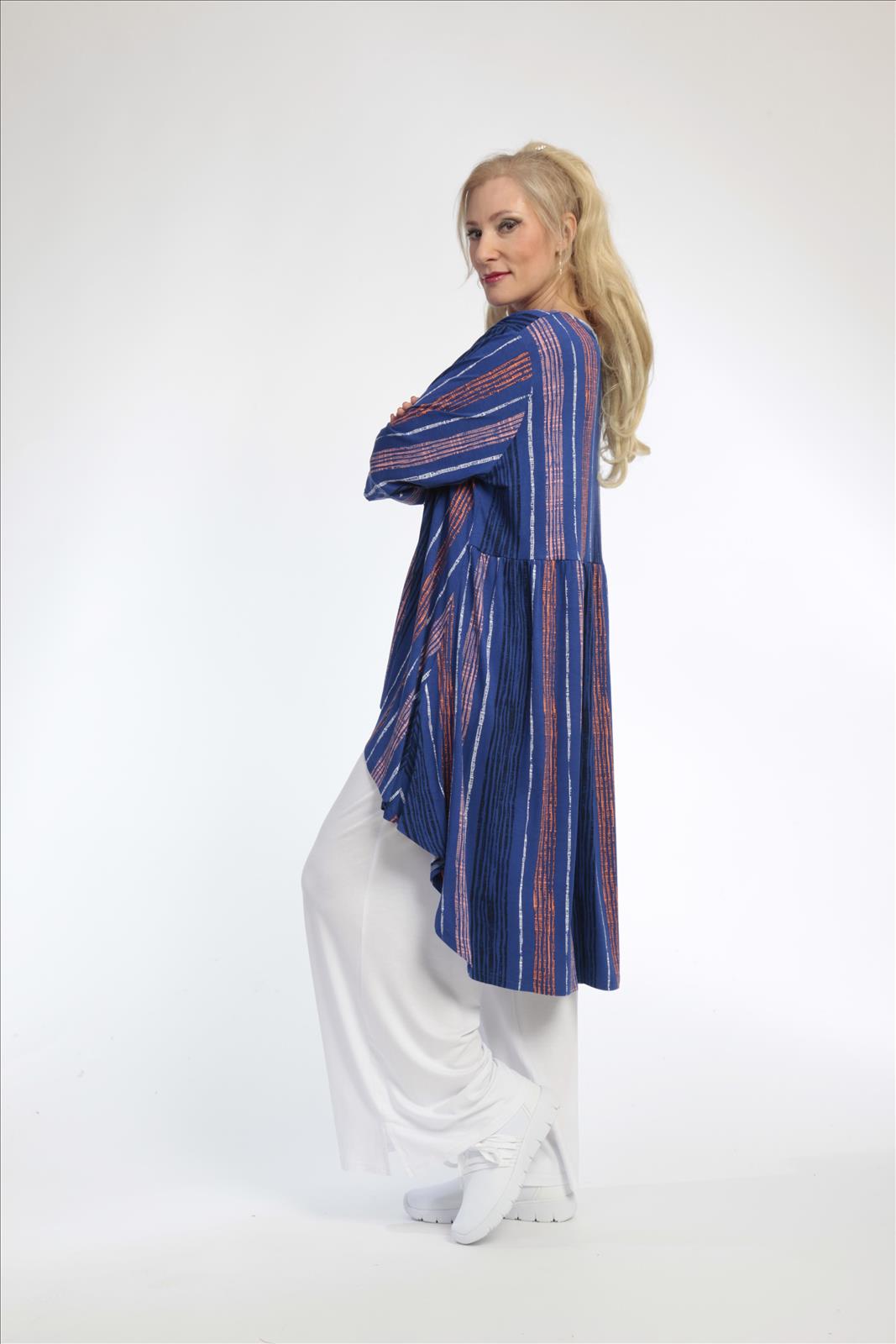  AKH Fashion Shirt in Vokuhila-Form, aus Viskose, 0793.02345, Royalblau-Multi, Streifen