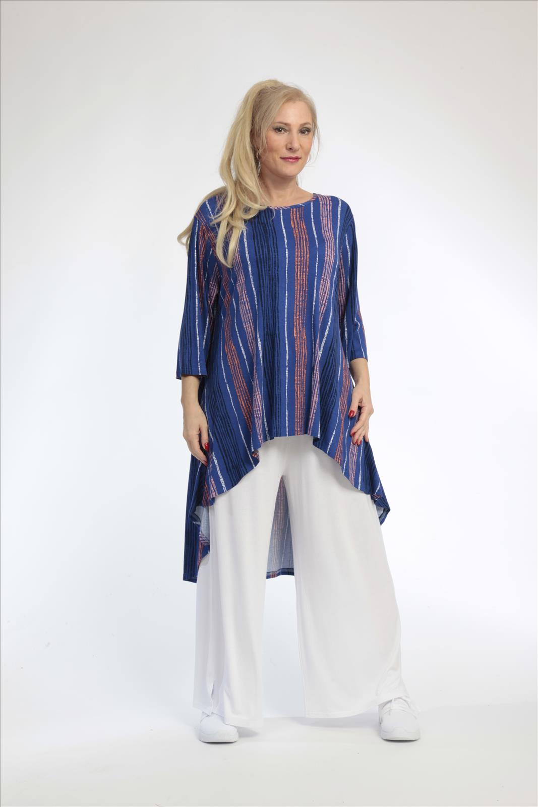  AKH Fashion Shirt in Vokuhila-Form, aus Viskose, 0793.02345, Royalblau-Multi, Streifen