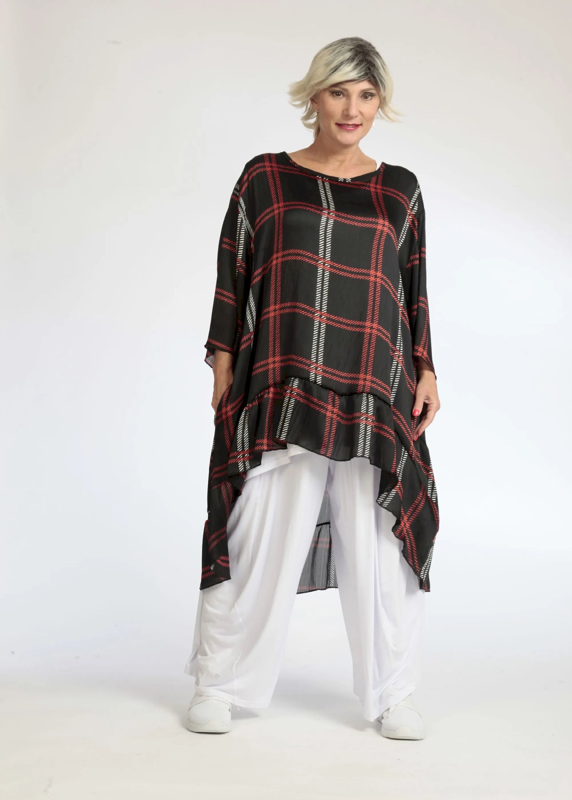  Bigshirt von AKH Fashion aus Polyester in Vokuhila-Form, 1073.06837, Schwarz-Rot, Ausgefallen