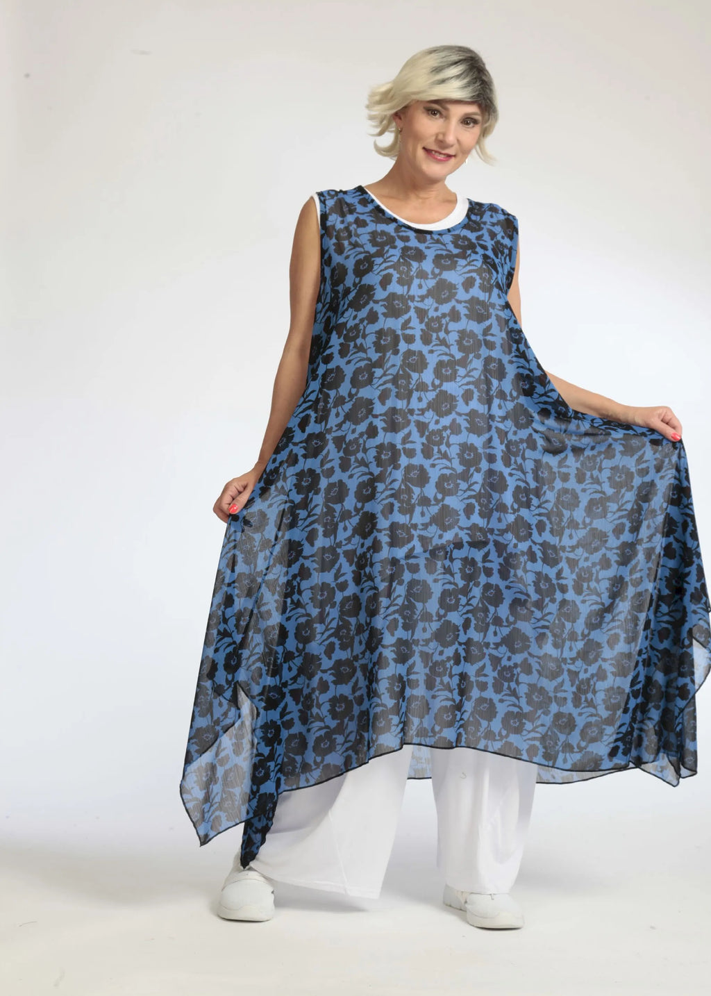  A-Form Tunika von AKH Fashion aus Polyester, 1074.05927, Blau-Schwarz, Blumen, Schick