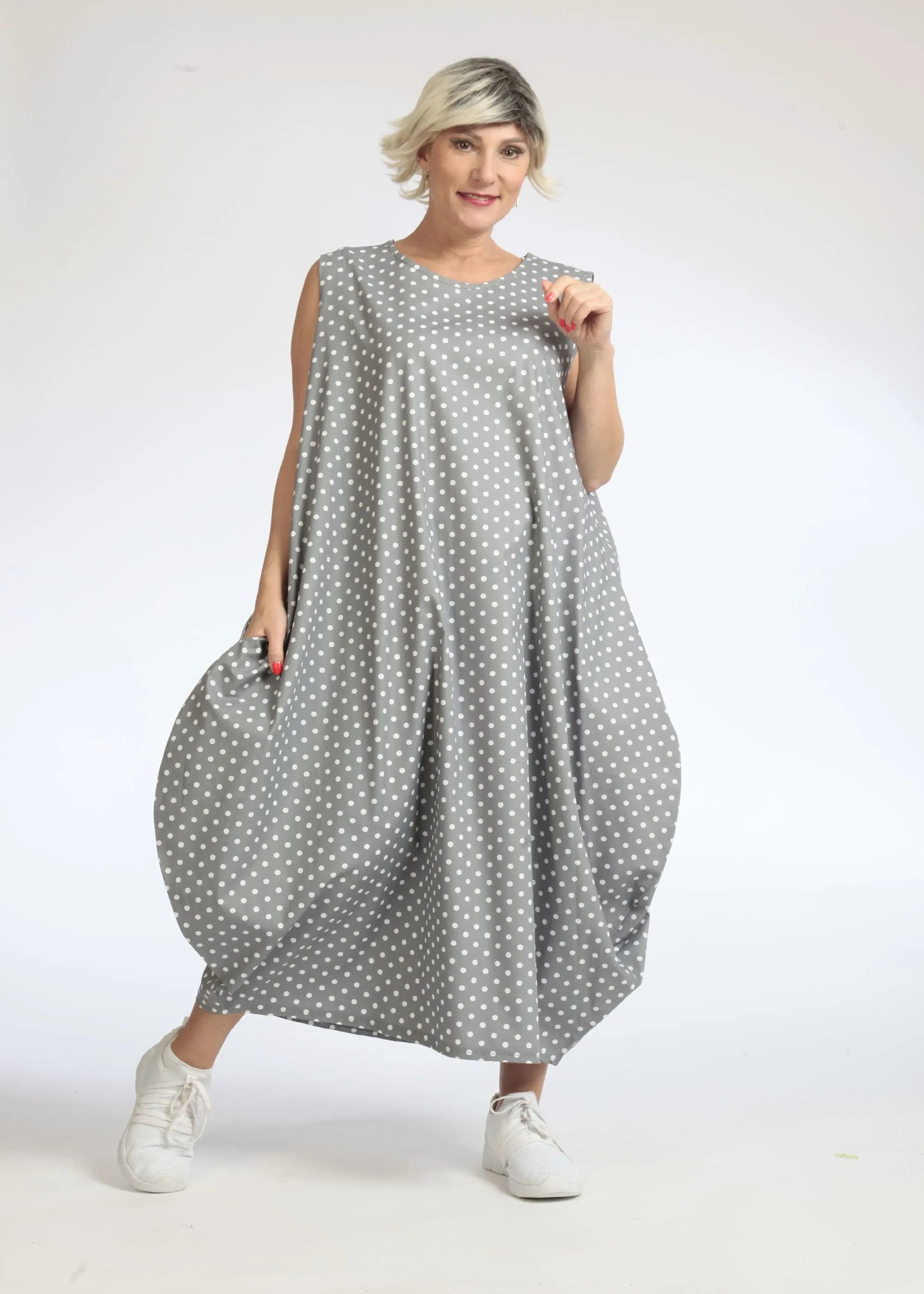  Ballonkleid von AKH Fashion aus Baumwolle, 1086.01925, Grau-Weiß, Punkte, Schick, Modern