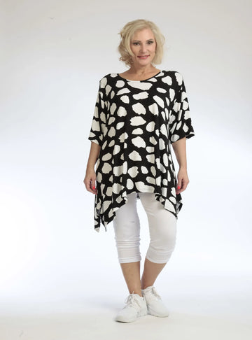  A-Form Shirt in Schwarz mit Klecksmuster und 3/4-Ärmeln für lässigen Plus Size Look