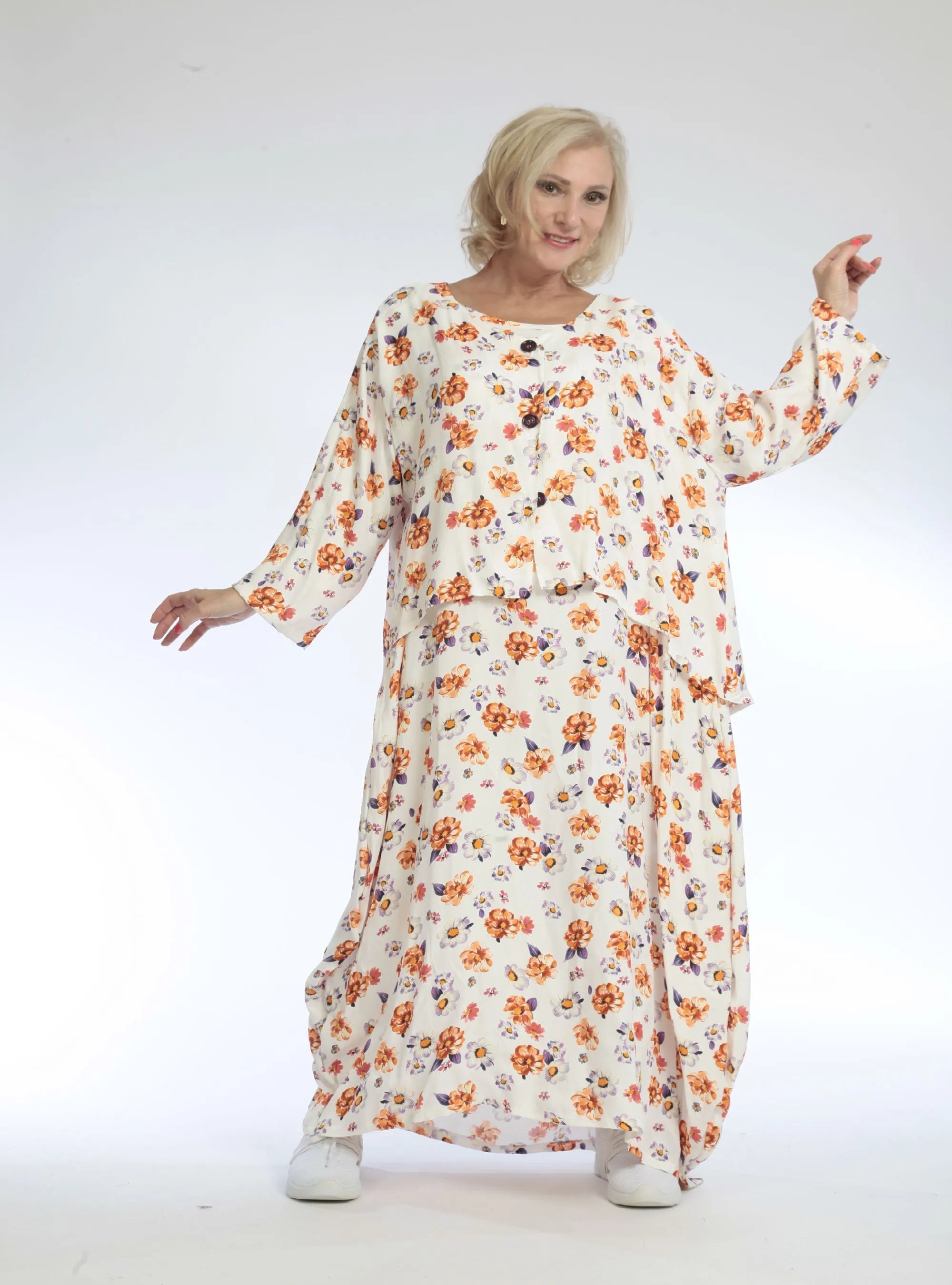  AKH Fashion Jacke in Vokuhila-Form, aus Viskose, 1103.00130, Orange, Blumen, Schick