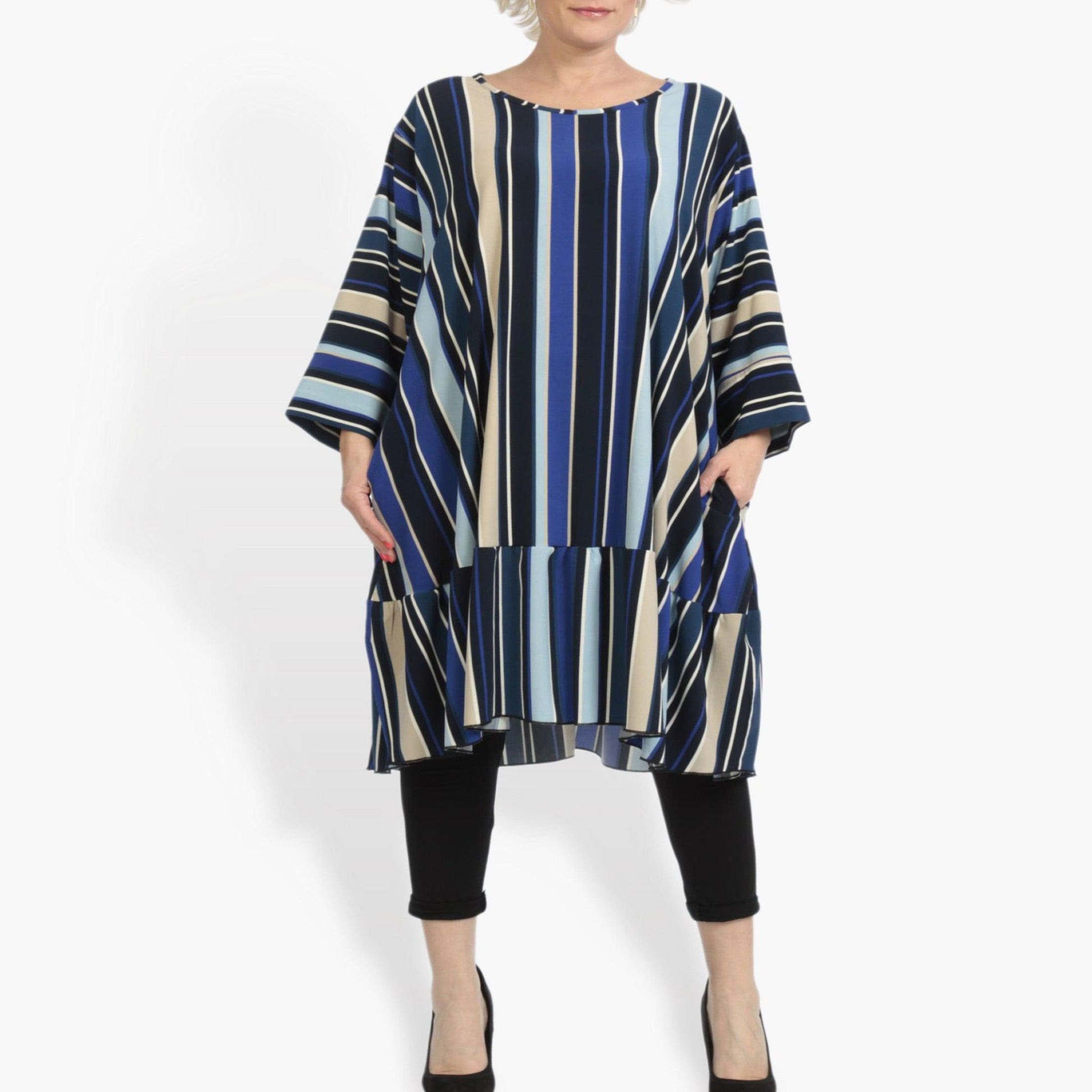  A-Form Shirt in Blau-Beige-Multi mit vertikalen Streifen, langärmelig, ideal für Plus Size