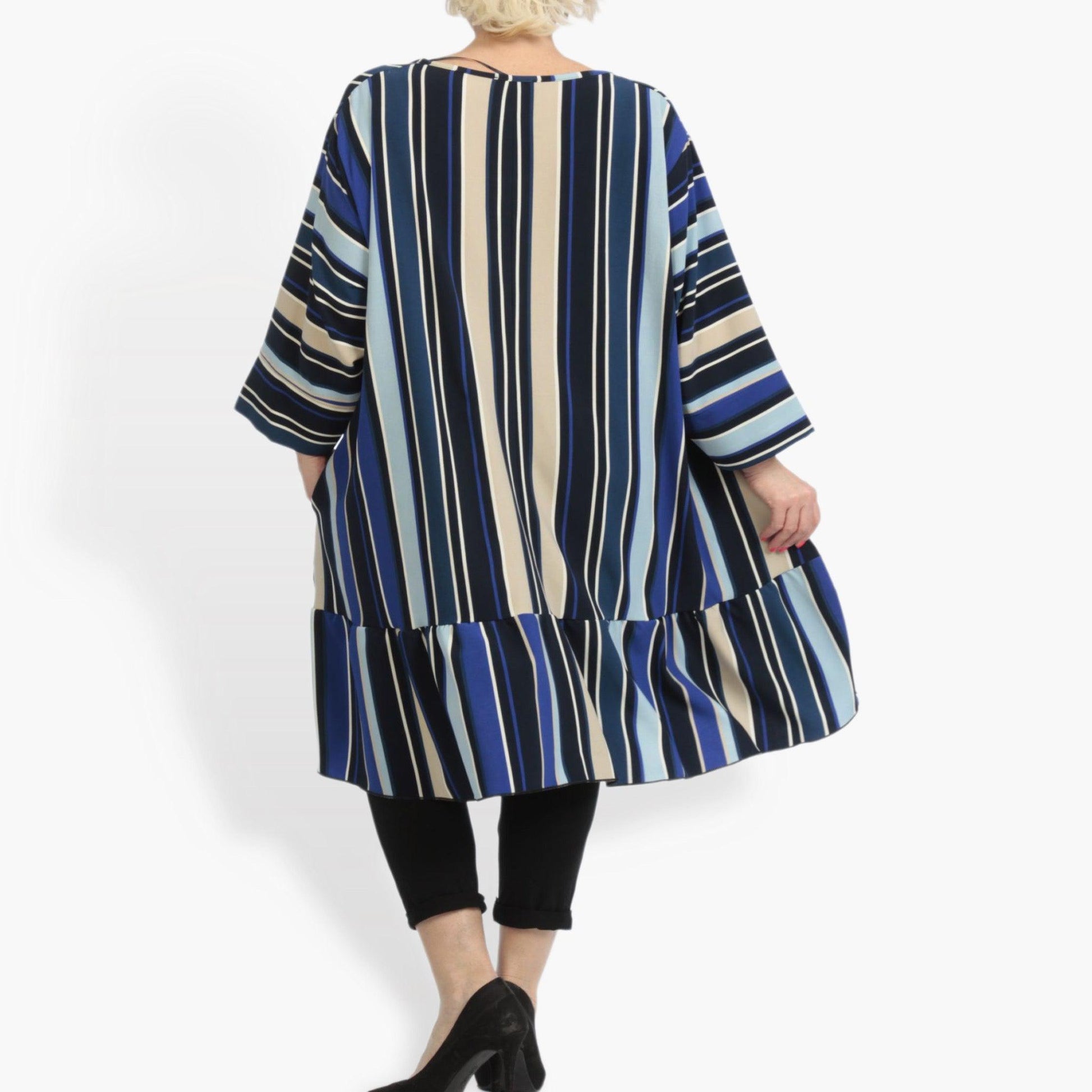  A-Form Shirt in Blau-Beige-Multi mit vertikalen Streifen, langärmelig, ideal für Plus Size