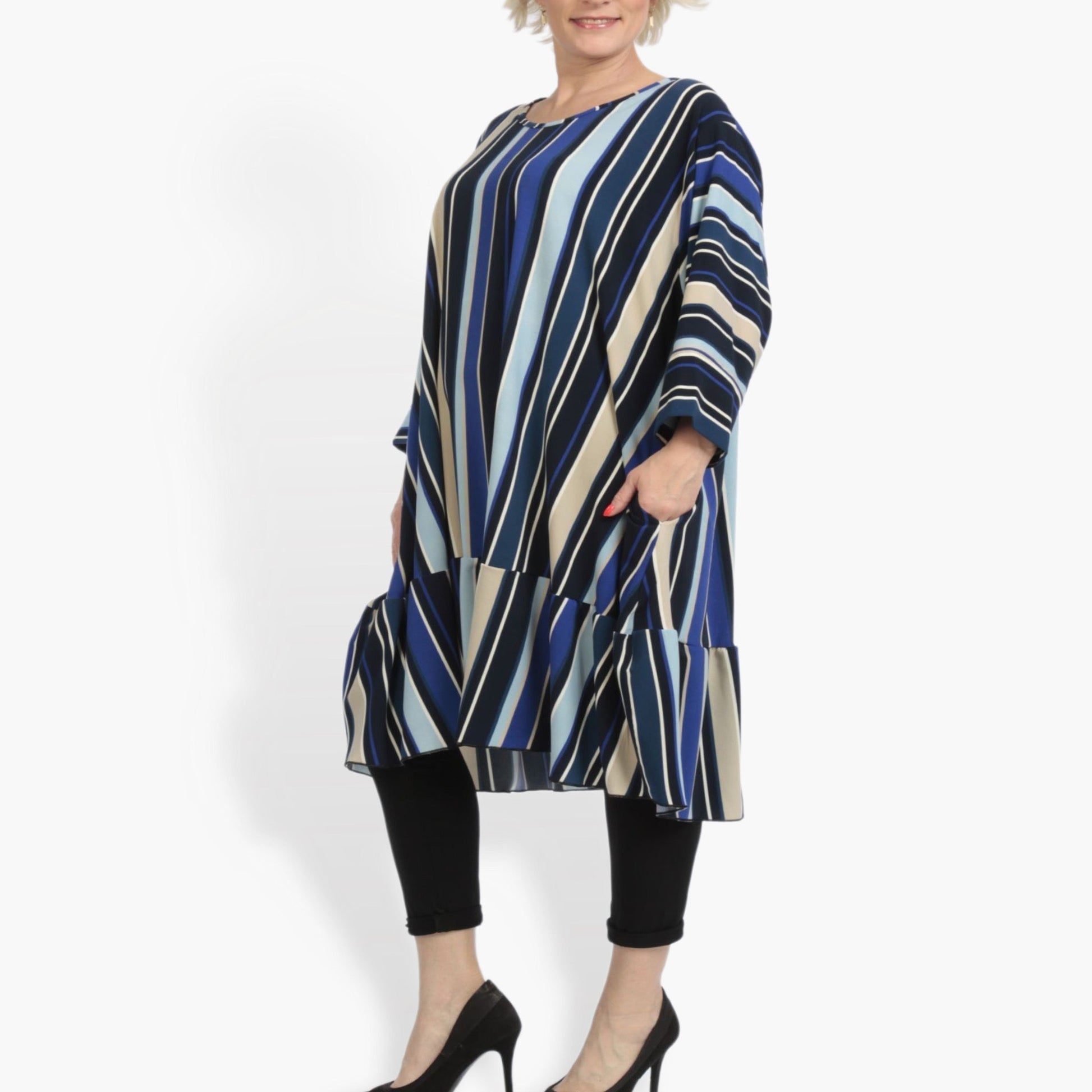  A-Form Shirt in Blau-Beige-Multi mit vertikalen Streifen, langärmelig, ideal für Plus Size