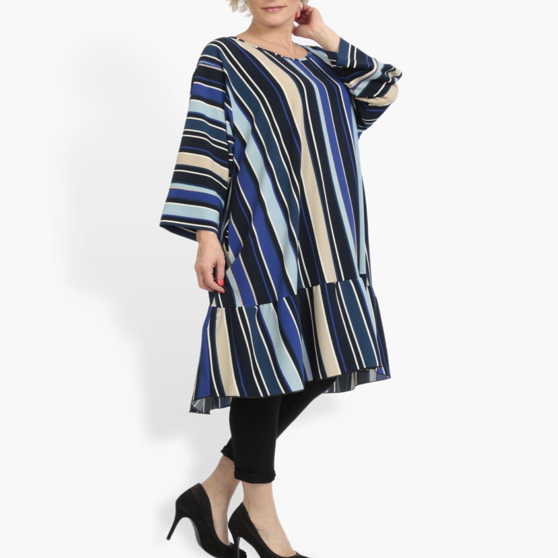  A-Form Shirt in Blau-Beige-Multi mit vertikalen Streifen, langärmelig, ideal für Plus Size