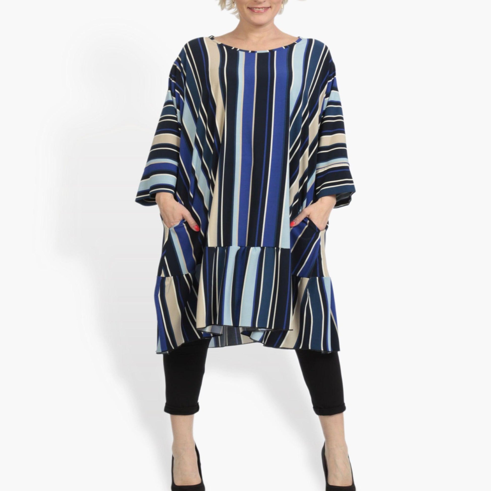  A-Form Shirt in Blau-Beige-Multi mit vertikalen Streifen, langärmelig, ideal für Plus Size