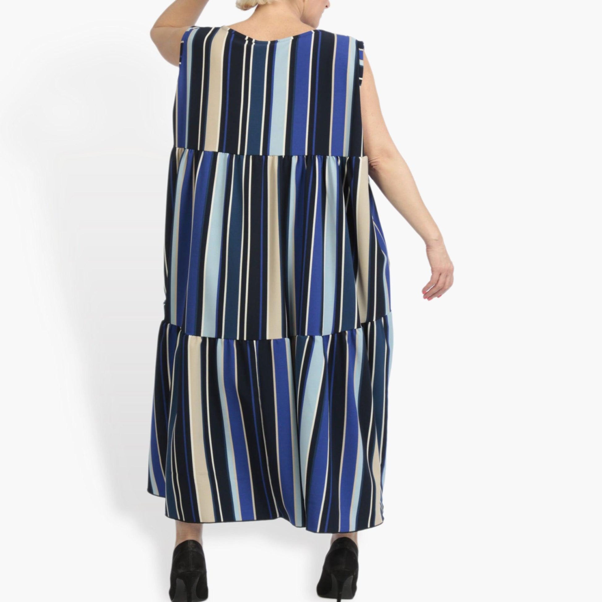  A-Form Kleid in Blau-Beige-Multi mit vertikalen Streifen, ärmellos und mit Taschen, ideal für Plus Size