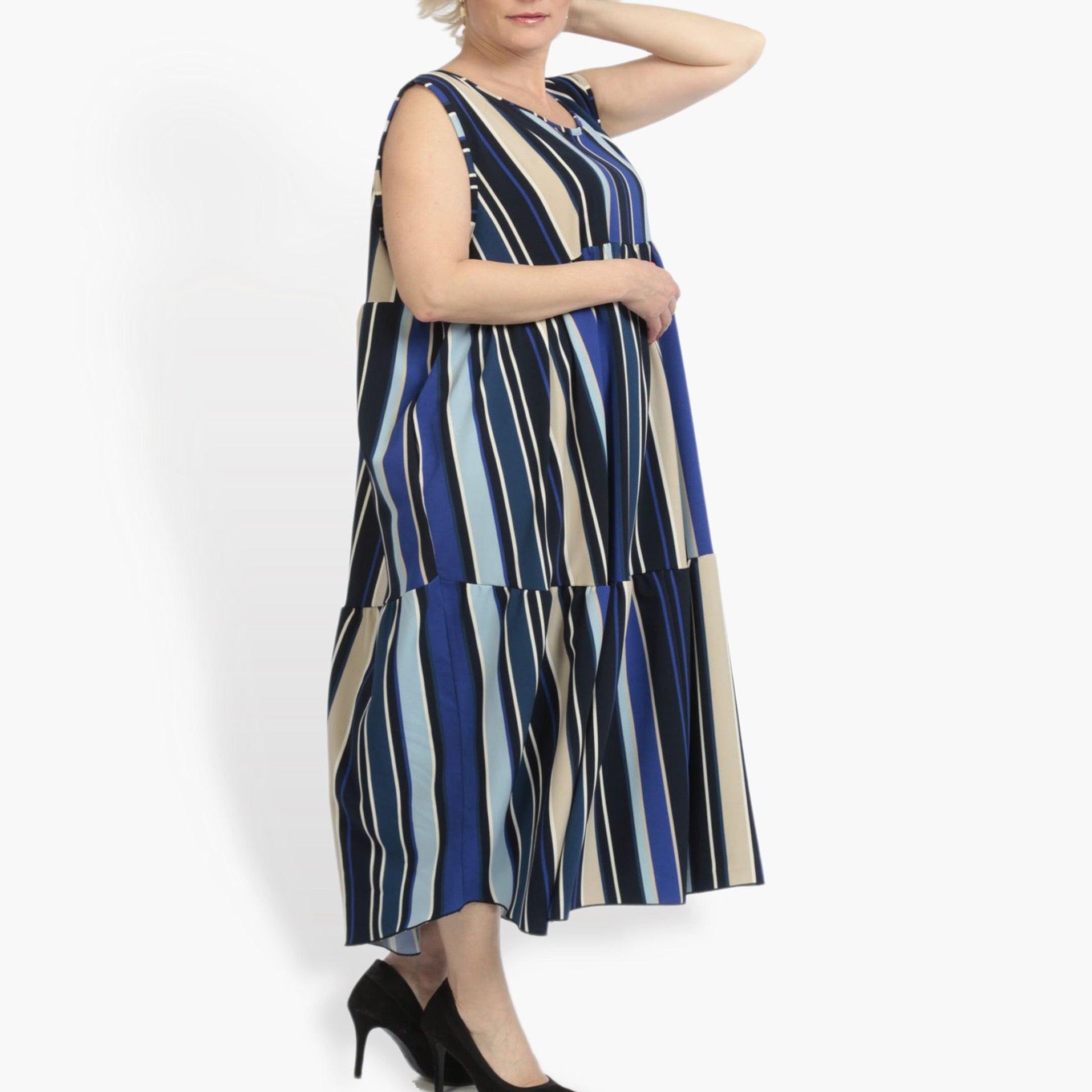  A-Form Kleid in Blau-Beige-Multi mit vertikalen Streifen, ärmellos und mit Taschen, ideal für Plus Size