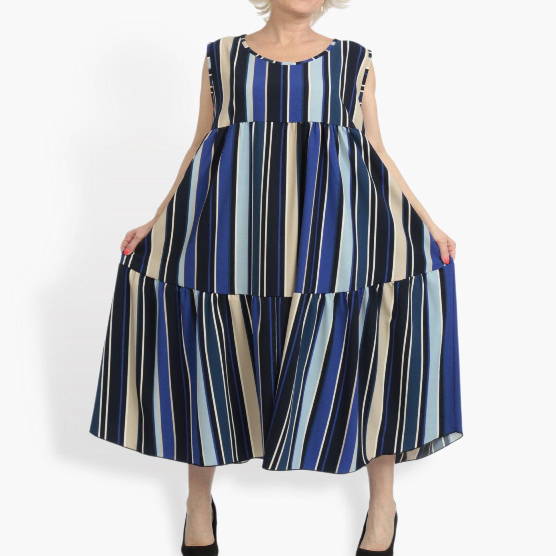  A-Form Kleid in Blau-Beige-Multi mit vertikalen Streifen, ärmellos und mit Taschen, ideal für Plus Size