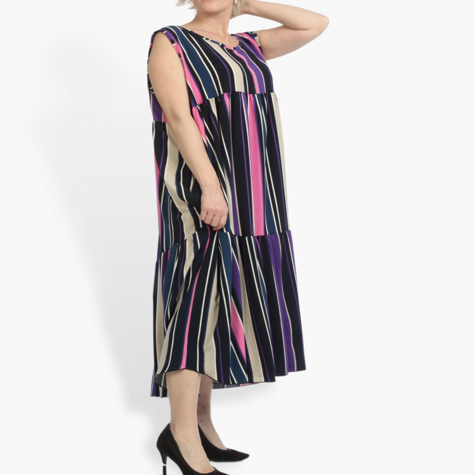  A-Form Kleid in lebhaftem Pink-Lila-Multi mit Streifen und praktischen Taschen für Plus Size