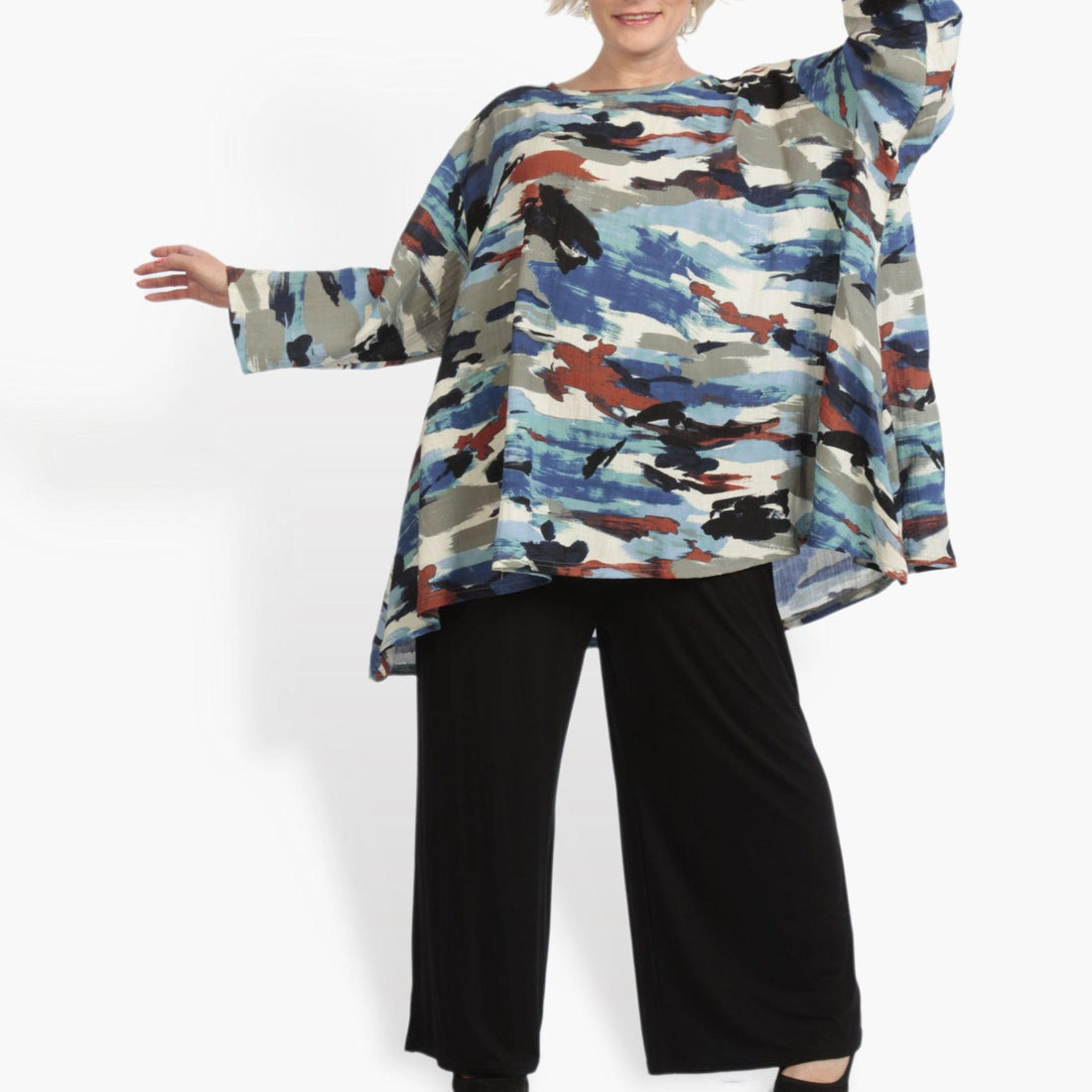  A-Form Bigshirt von AKH Fashion aus Rayon, 0840.00593, Blau-Multi, Kamuflage, Schick, Modern