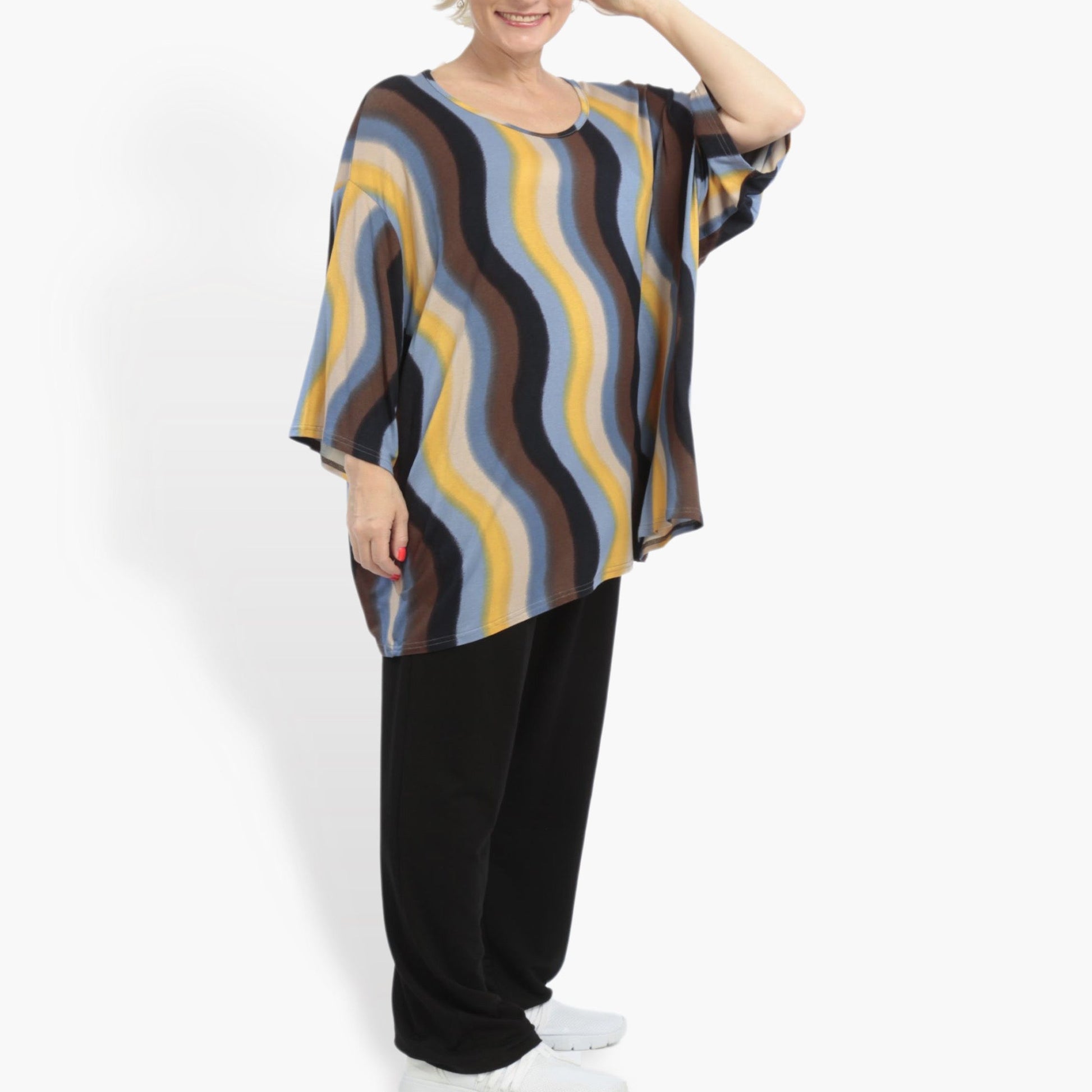  Bigshirt von AKH Fashion aus Viskose in kastiger Form, 0850.06543, Blau-Braun-Beige, Schick