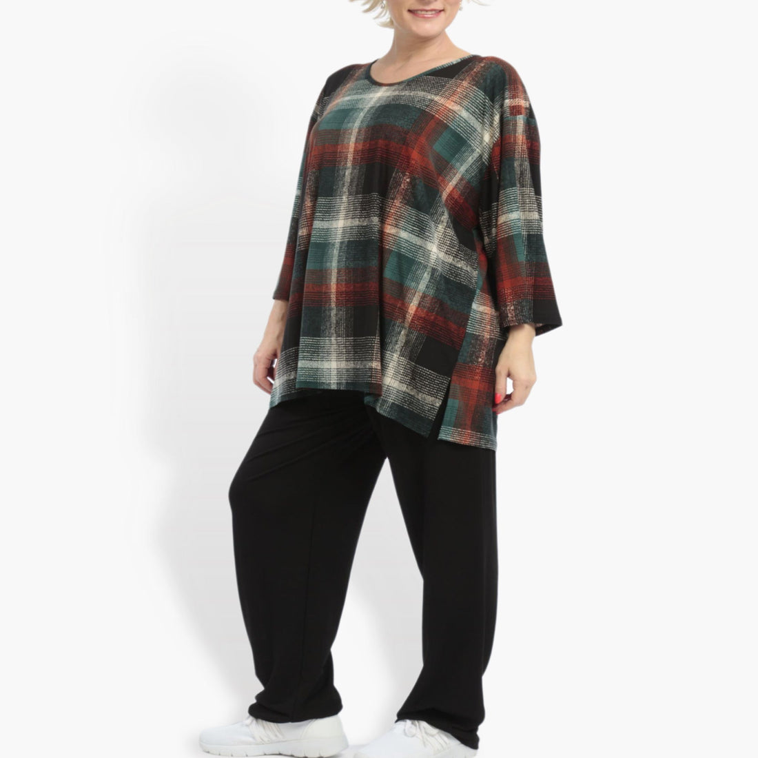  Bigshirt von AKH Fashion aus Materialmix in gerader Form, 0861.00332, Grün-Bordeaux, Schick