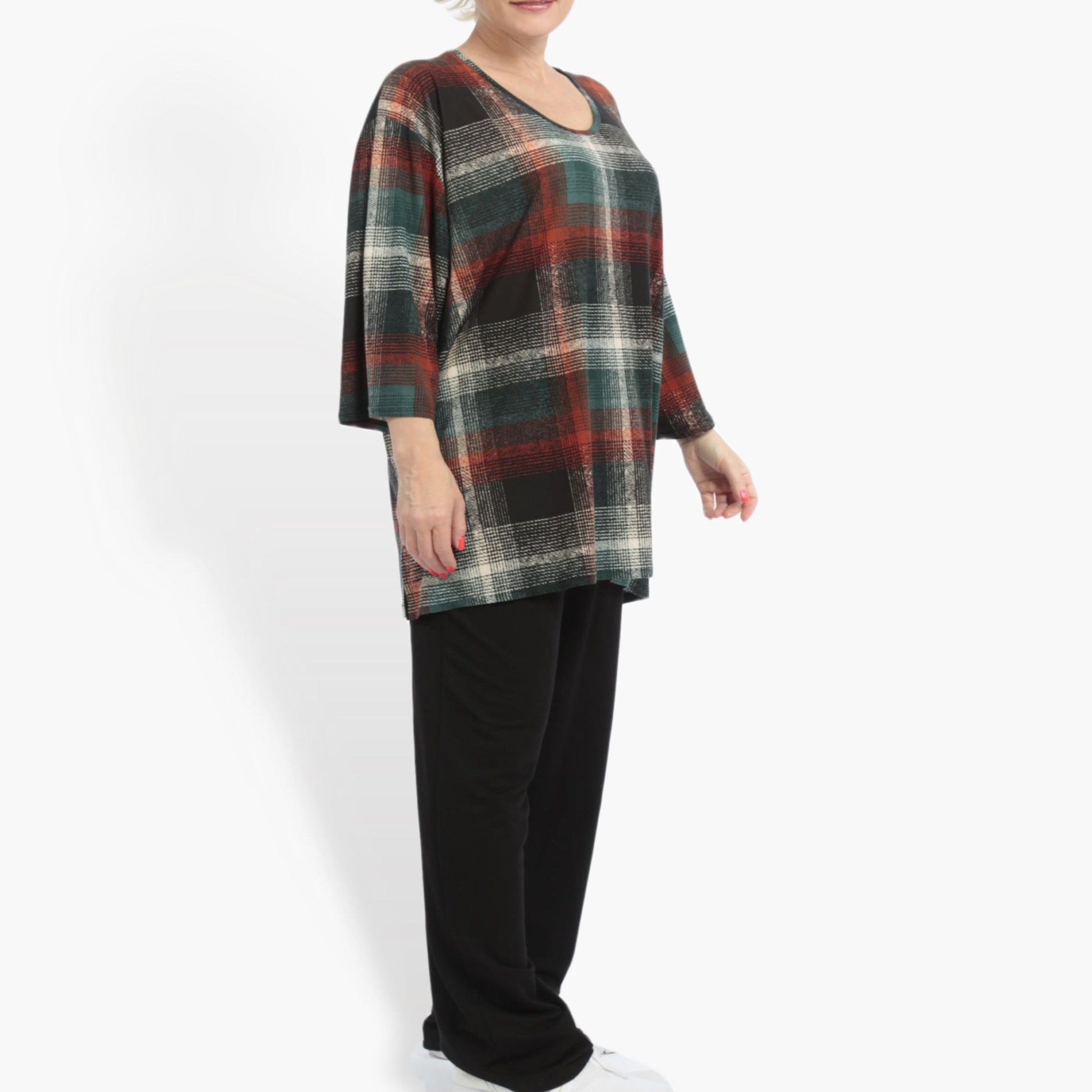  Bigshirt von AKH Fashion aus Materialmix in gerader Form, 0861.00332, Grün-Bordeaux, Schick