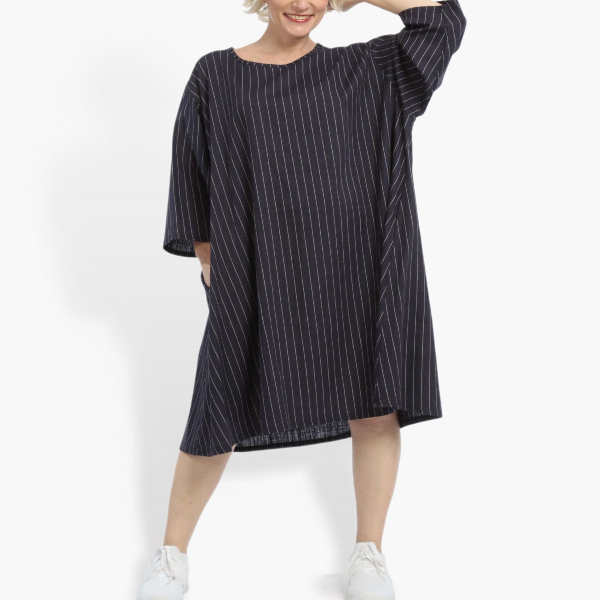  Bigshirt von AKH Fashion aus Leinen in gerader Form, 0868.06792, Marine-Weiß, Schick, Modern