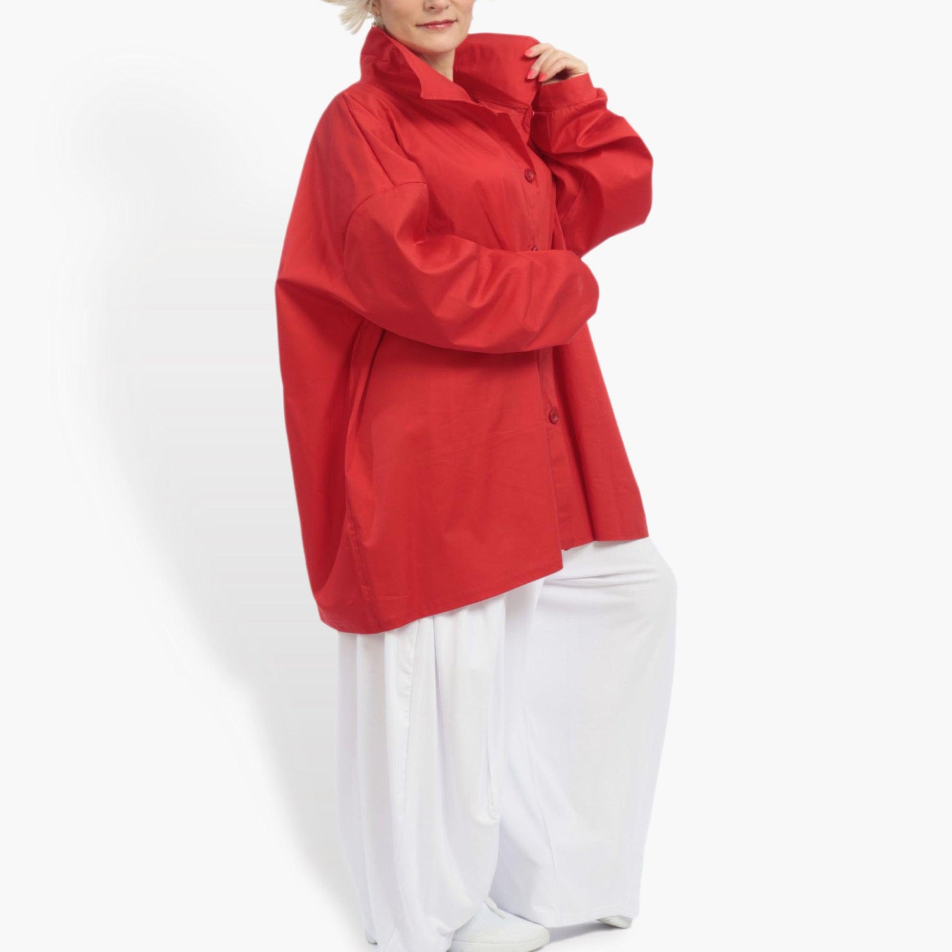  Kastige Langarm-Bluse in strahlendem Rot aus Baumwolle für lässige Lagenlooks in Plus Size