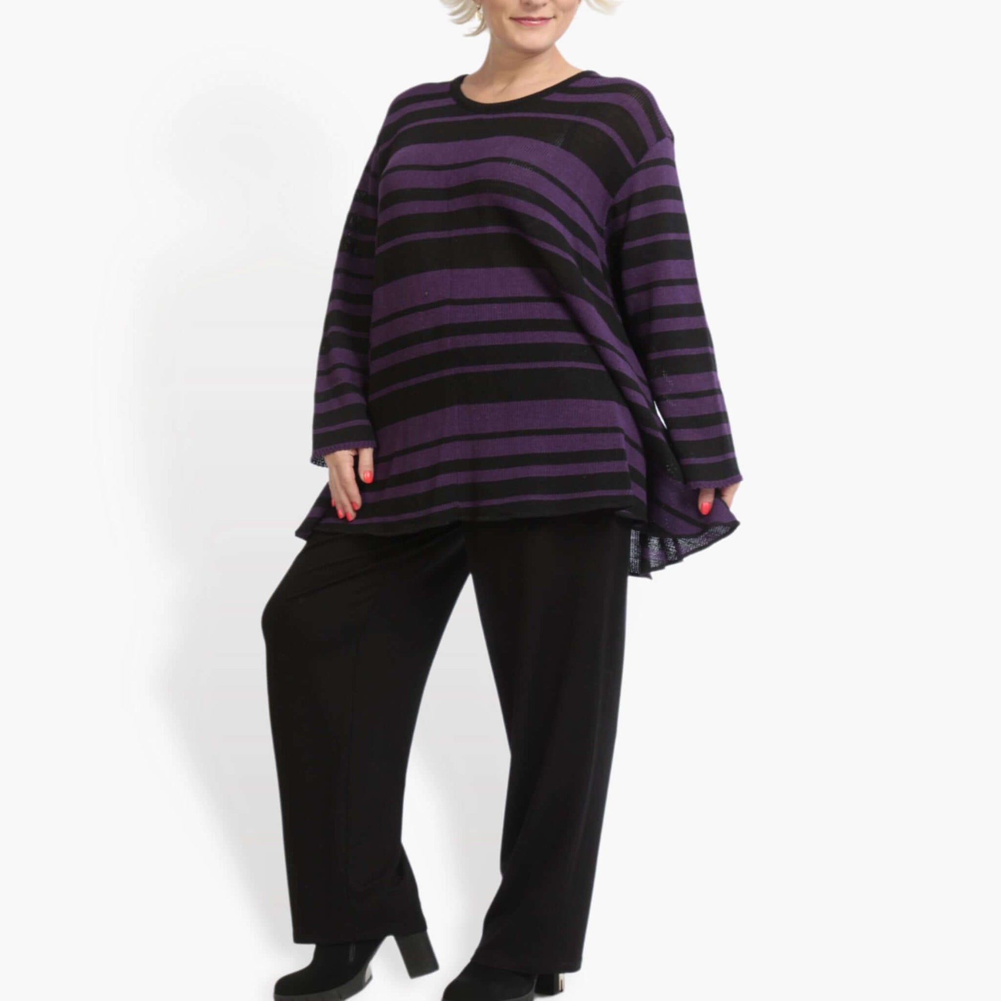  Pullover von AKH Fashion aus Baumwolle in Glocken-Form, 0878.01892, Schwarz-Lila, Schick