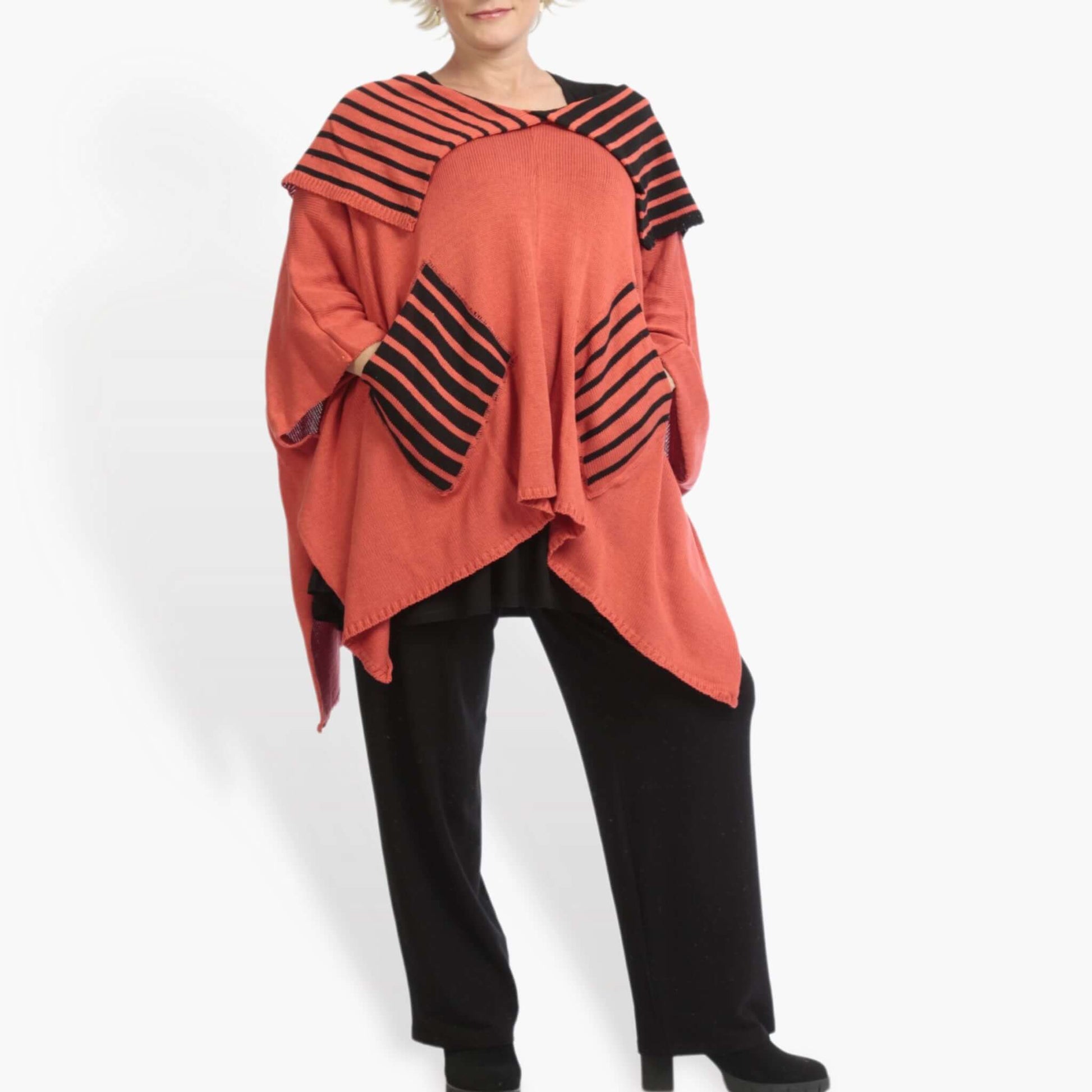  Pullover von AKH Fashion aus Baumwolle in kastiger Form, 0878.02050, Rot-Schwarz, Schick