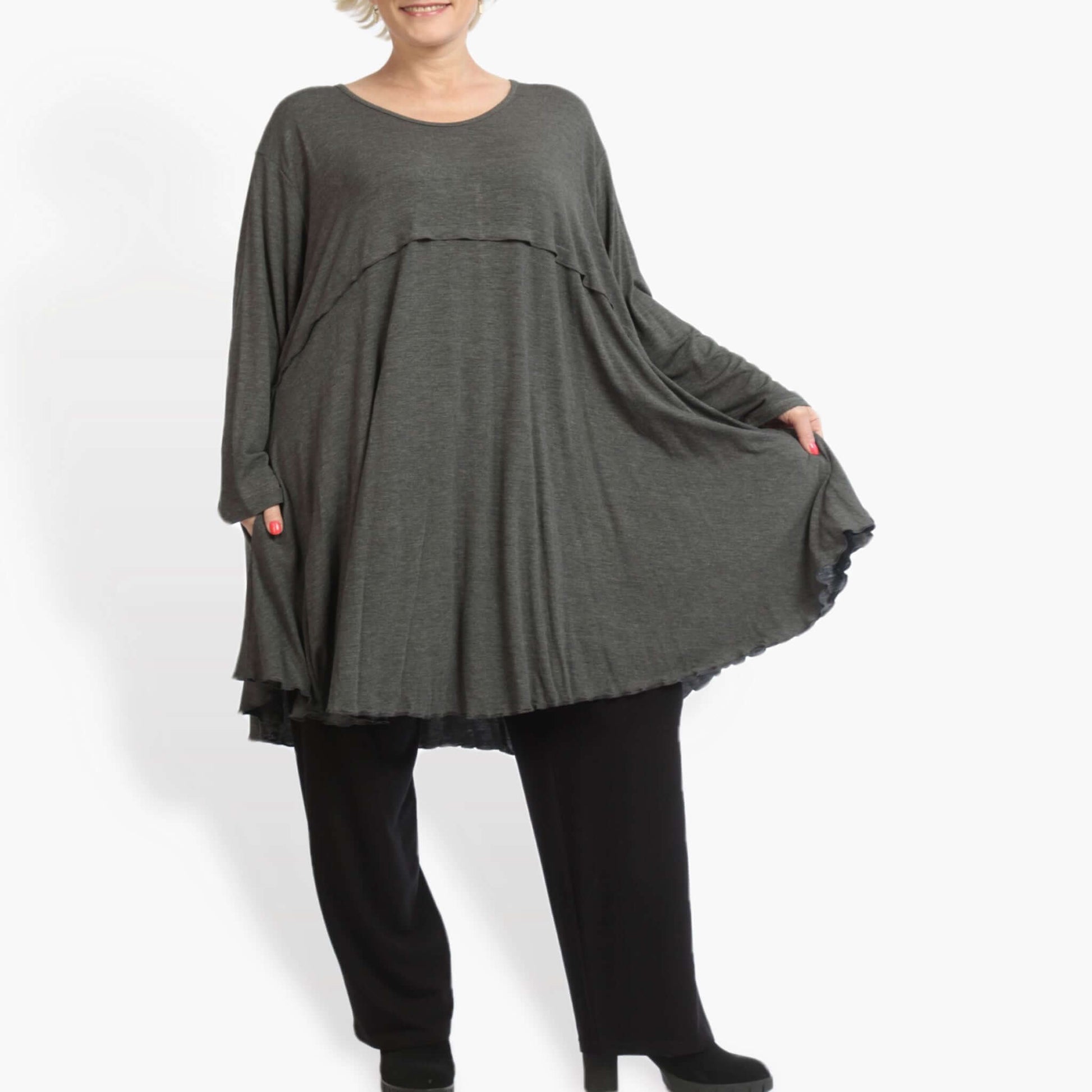  A-Form Shirt von AKH Fashion aus Viskose, 0886.06801, Grau, Unifarben, Ausgefallen, Modern