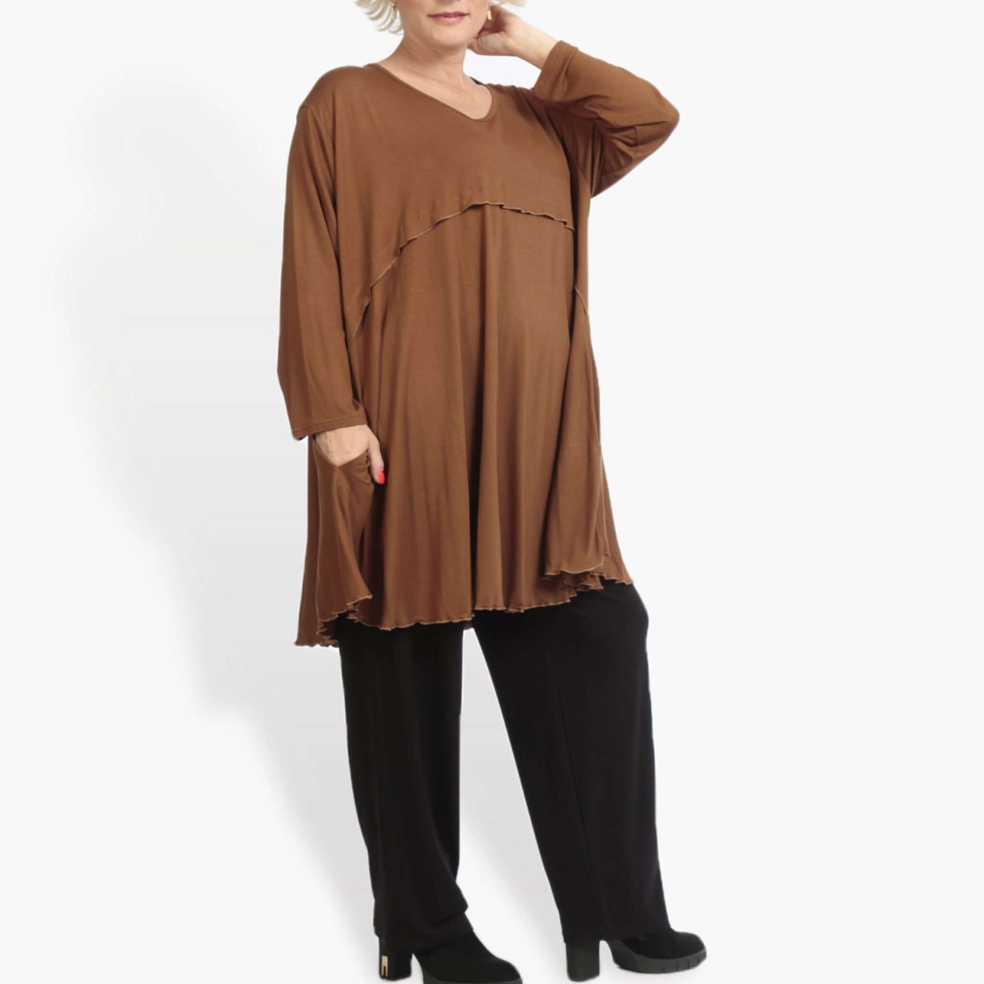  A-Form Shirt von AKH Fashion aus Viskose, 0886.06801, Cognac, Unifarben, Schick, Modern