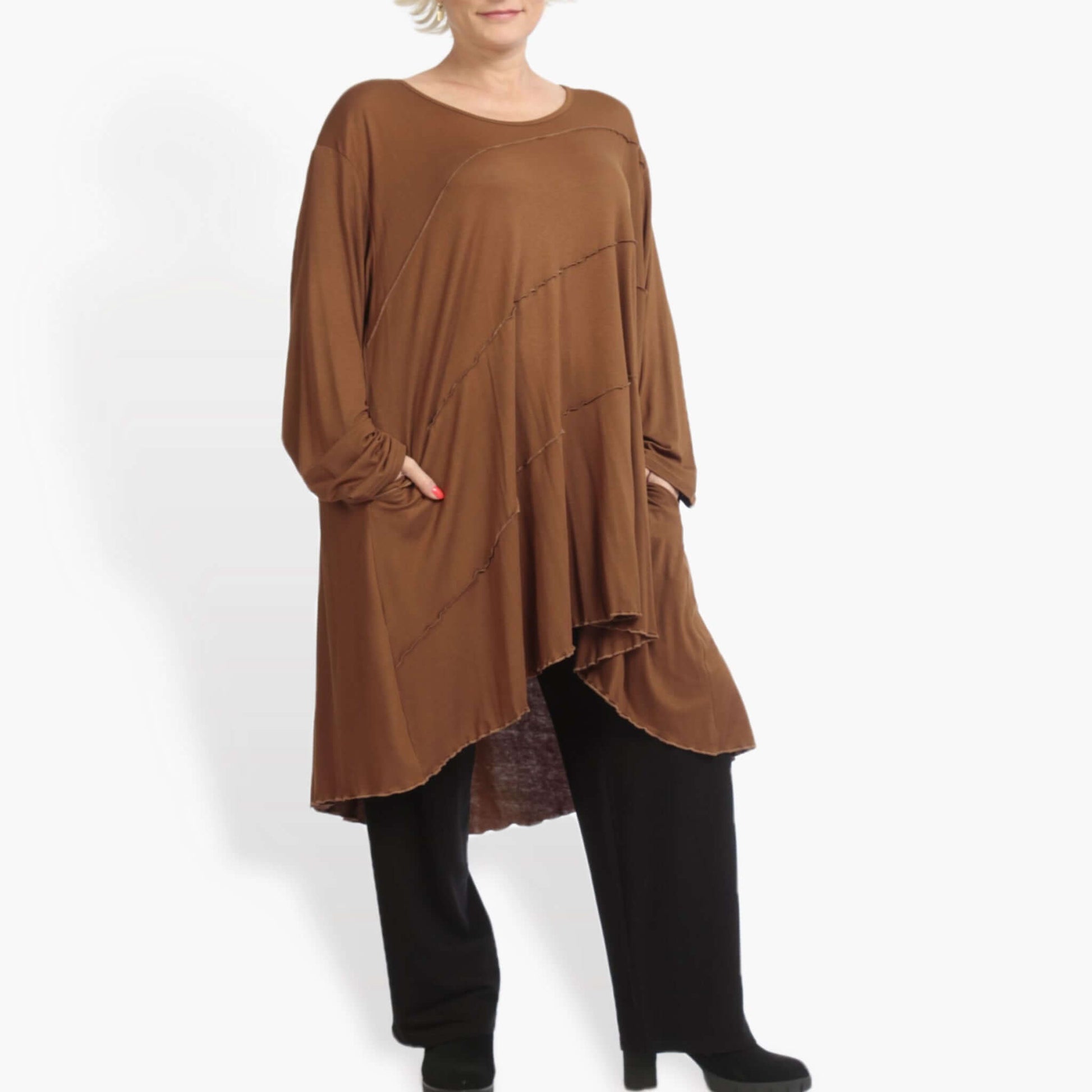  Kleid von AKH Fashion aus Viskose in Vokuhila-Form, 0886.06802, Cognac, Unifarben, Schick