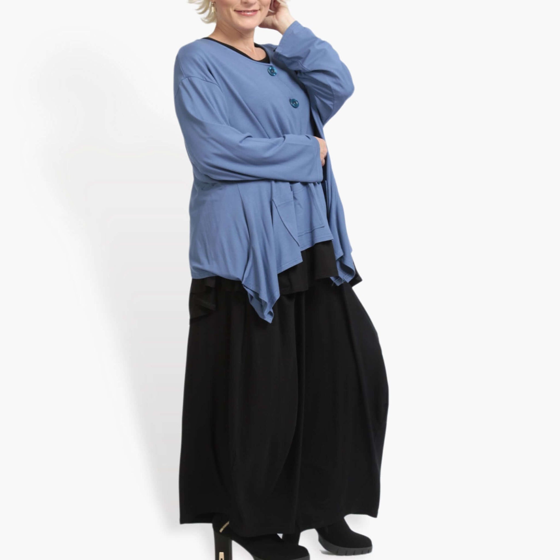  A-Form Jacke in elegantem Blau für Plus Size mit langärmligem Schnitt und praktischen Taschen