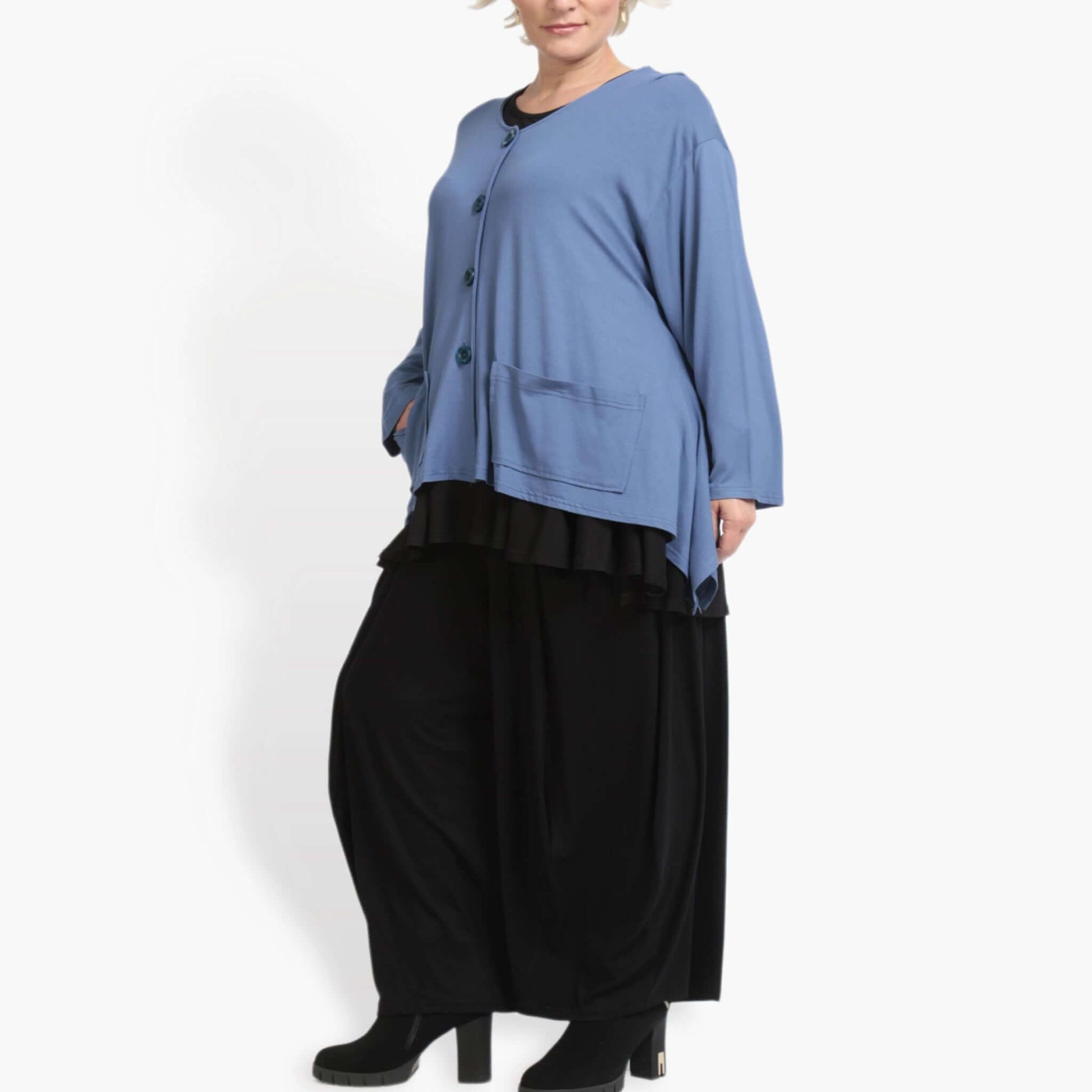  A-Form Jacke in elegantem Blau für Plus Size mit langärmligem Schnitt und praktischen Taschen