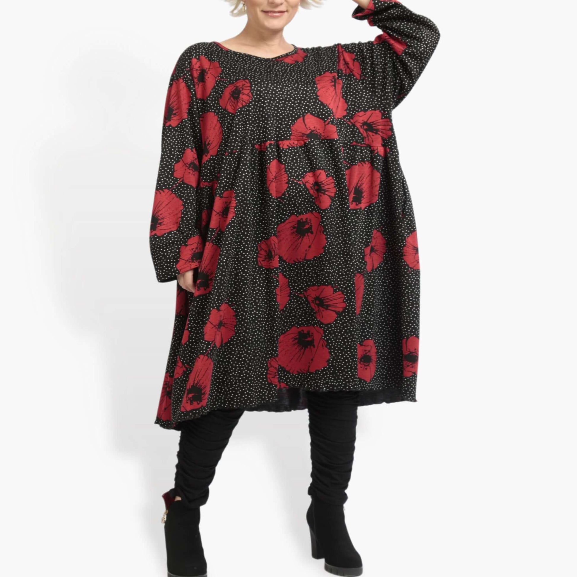  Kleid von AKH Fashion aus Viskose in gerader Form, 0914.06742, Schwarz-Rot, Ausgefallen