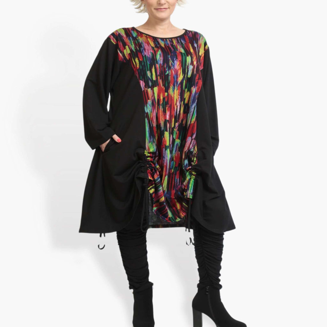  A-Form Kleid von AKH Fashion aus Viskose, 0917.06805, Schwarz-Multi, Pinselstrich, Schick