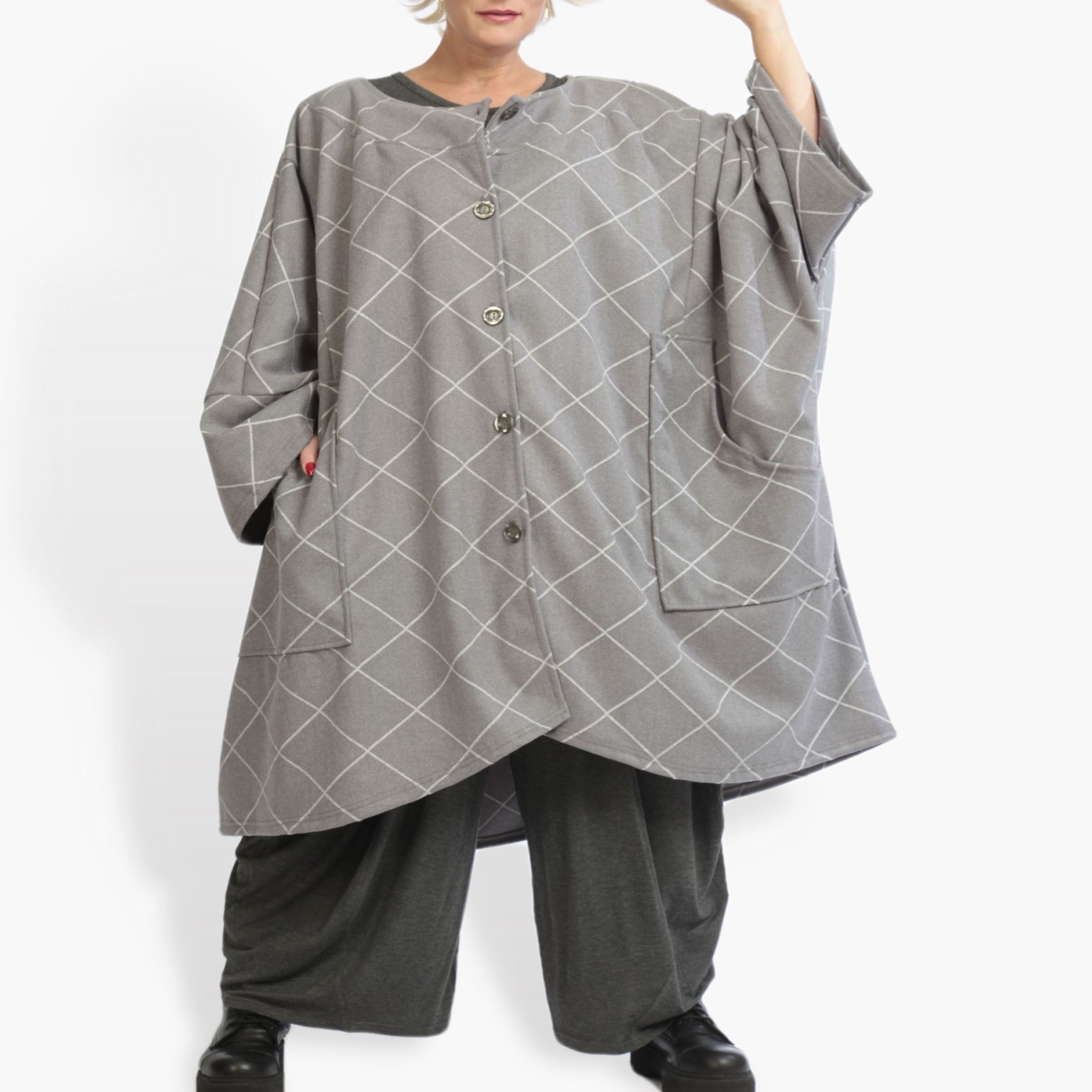  AKH Fashion Mantel in kastiger Form, aus Materialmix, 0943.06817, Grau, Kariert, Schick