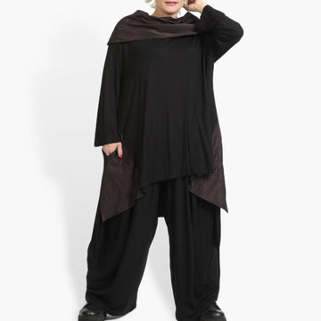  Oversize Layered Shirt in eleganten Schwarz-Aubergine für Plus Size mit langem Arm und Kragen