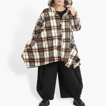  A-Form Fleece Jacke in multicolor-brauner Tartan-Optik mit Kapuze für legere Plus Size Fashion