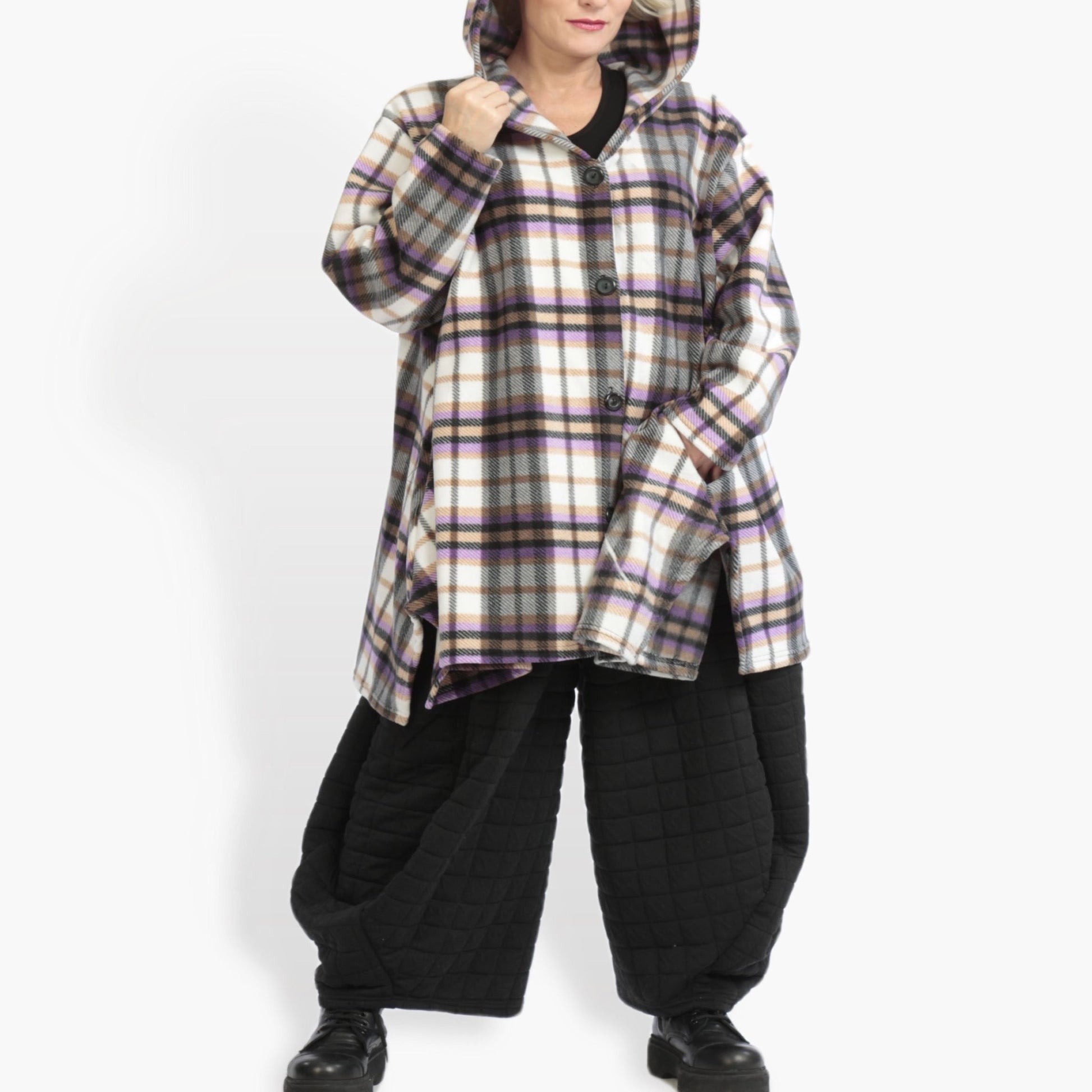  Kuschelige Oversize A-Form Jacke in multicolor Tartan-Design mit Kapuze und praktischen Taschen