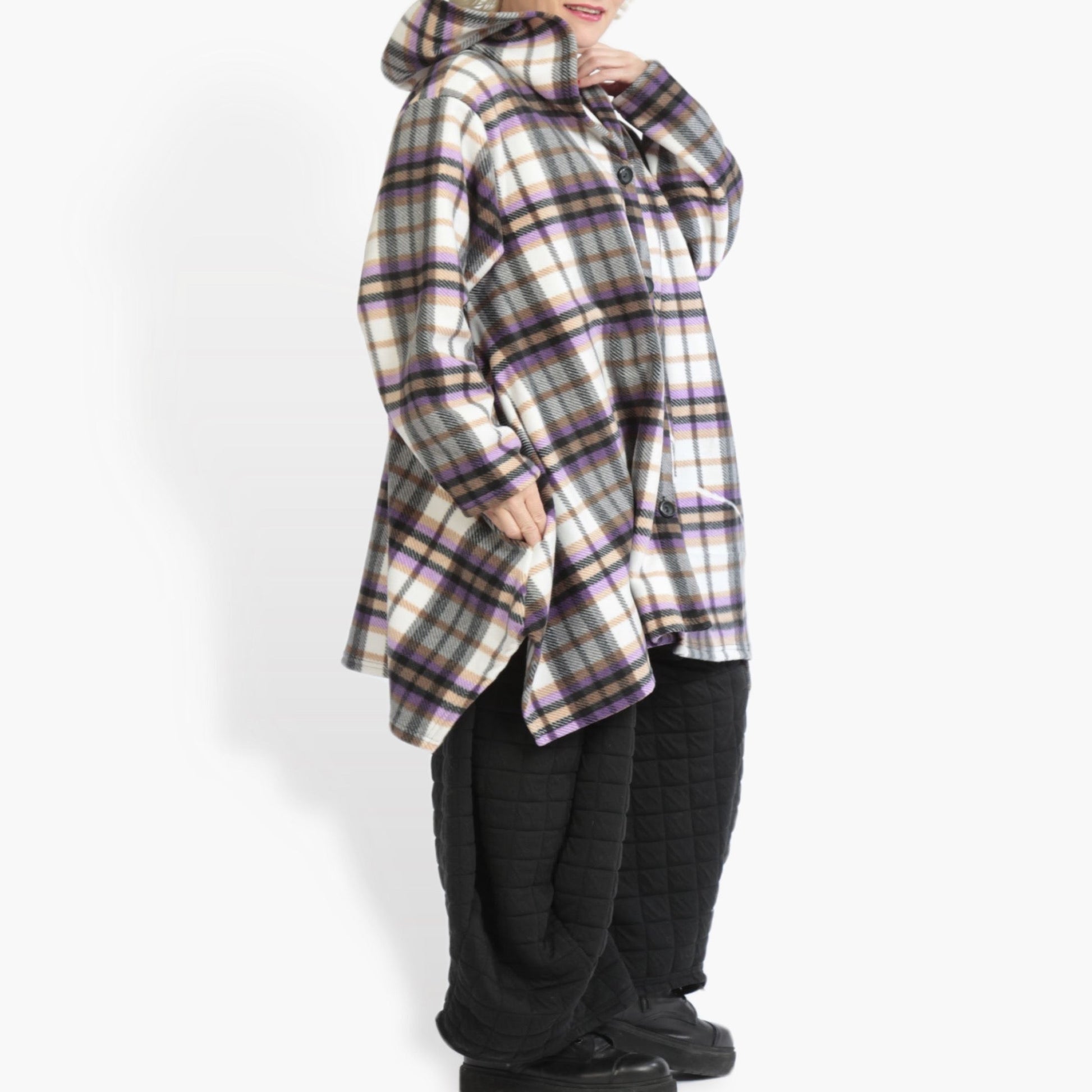  Kuschelige Oversize A-Form Jacke in multicolor Tartan-Design mit Kapuze und praktischen Taschen