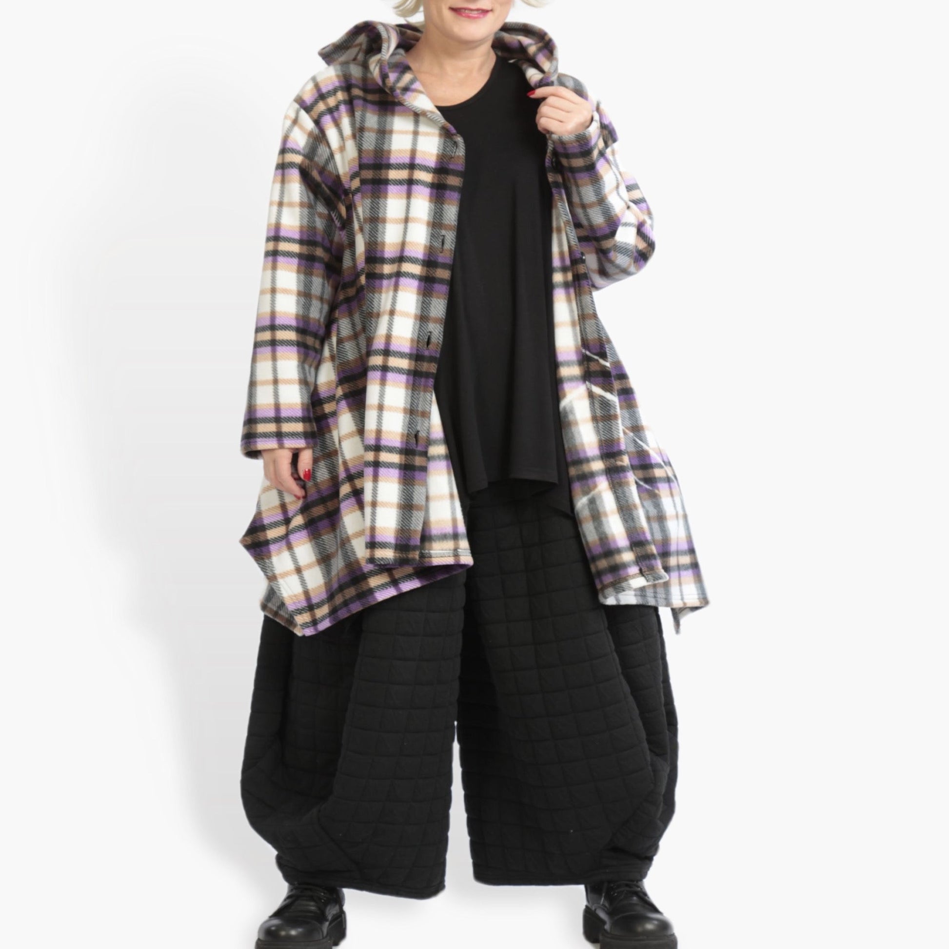  Kuschelige Oversize A-Form Jacke in multicolor Tartan-Design mit Kapuze und praktischen Taschen