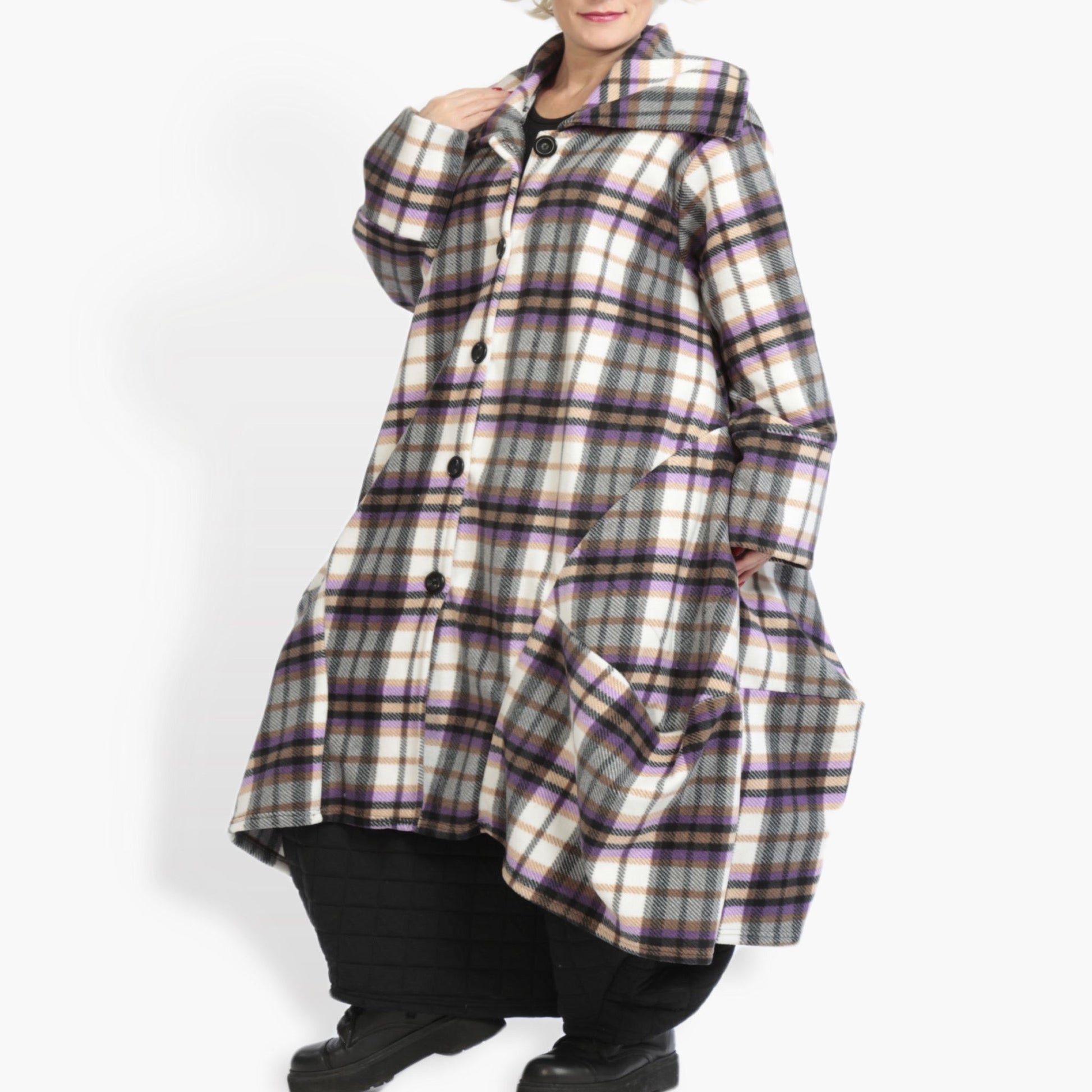  Ballonmantel im Tartan-Look in multicolor Lila, weiches Fleece-Polyester, oversized Schnitt, mit Taschen