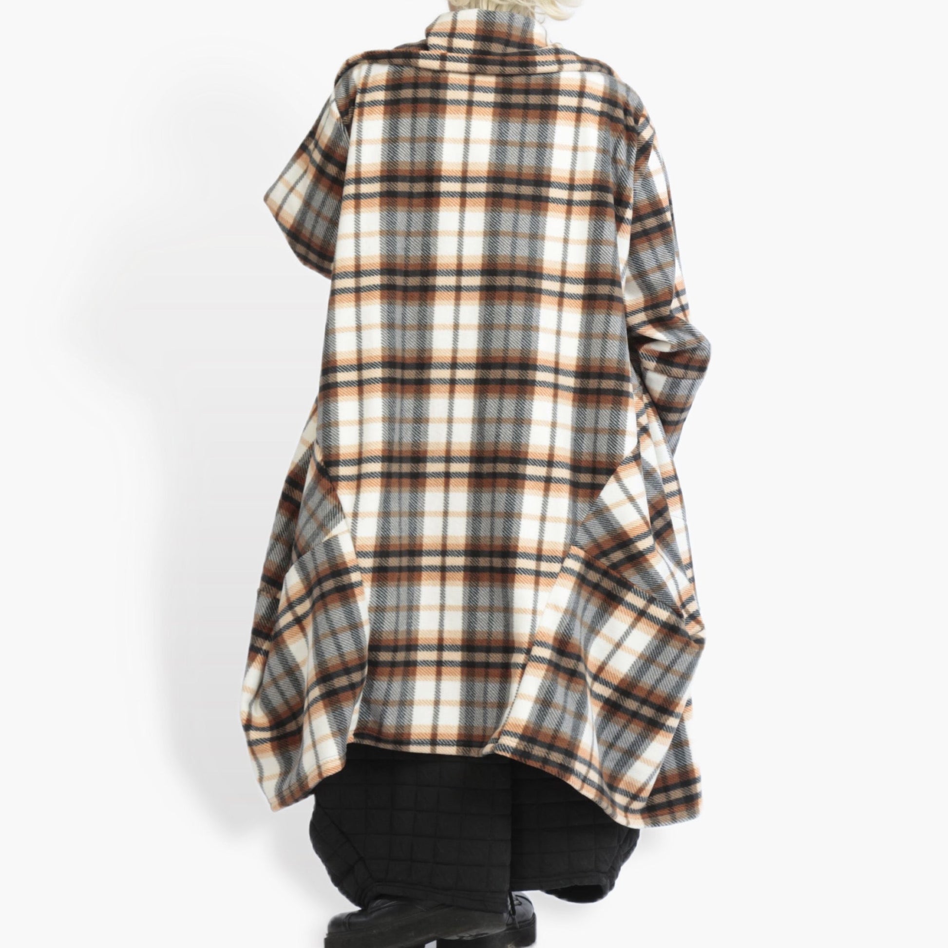  Ballonmantel im trendigen Lagenlook mit weichem Fleece-Polyester in multicolor-braunem Tartan