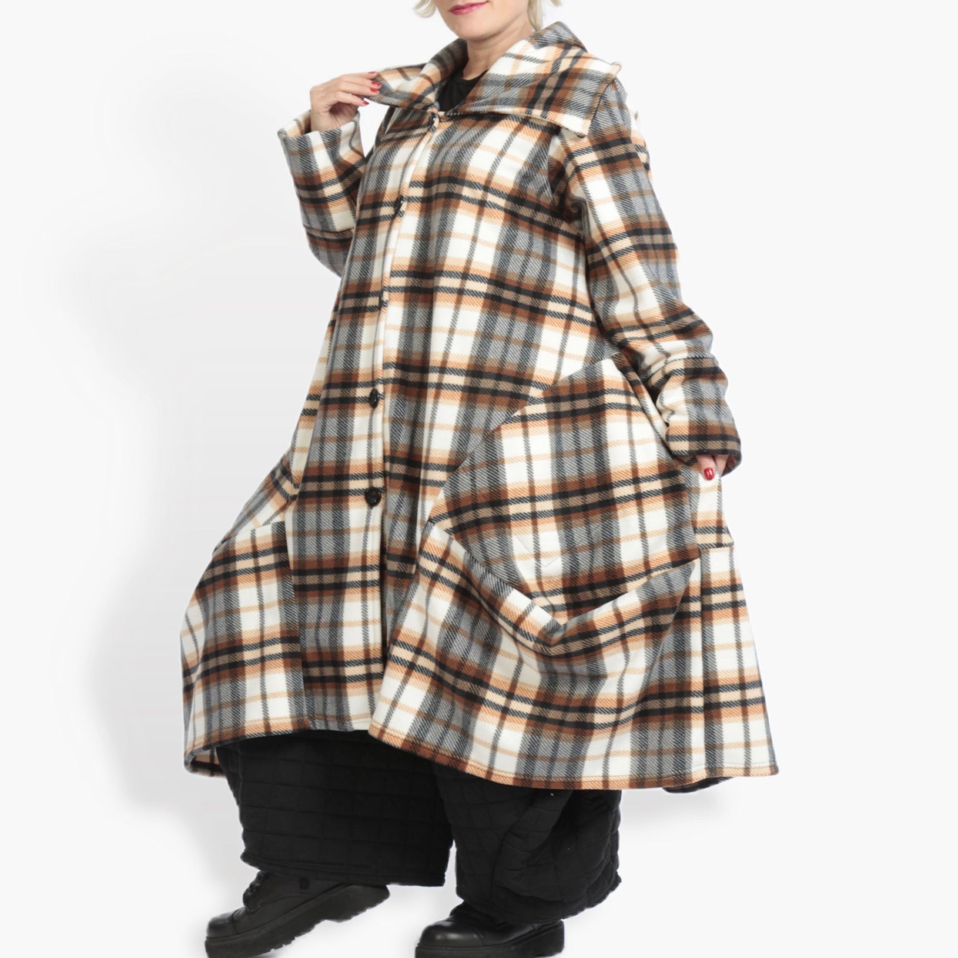  Ballonmantel im trendigen Lagenlook mit weichem Fleece-Polyester in multicolor-braunem Tartan