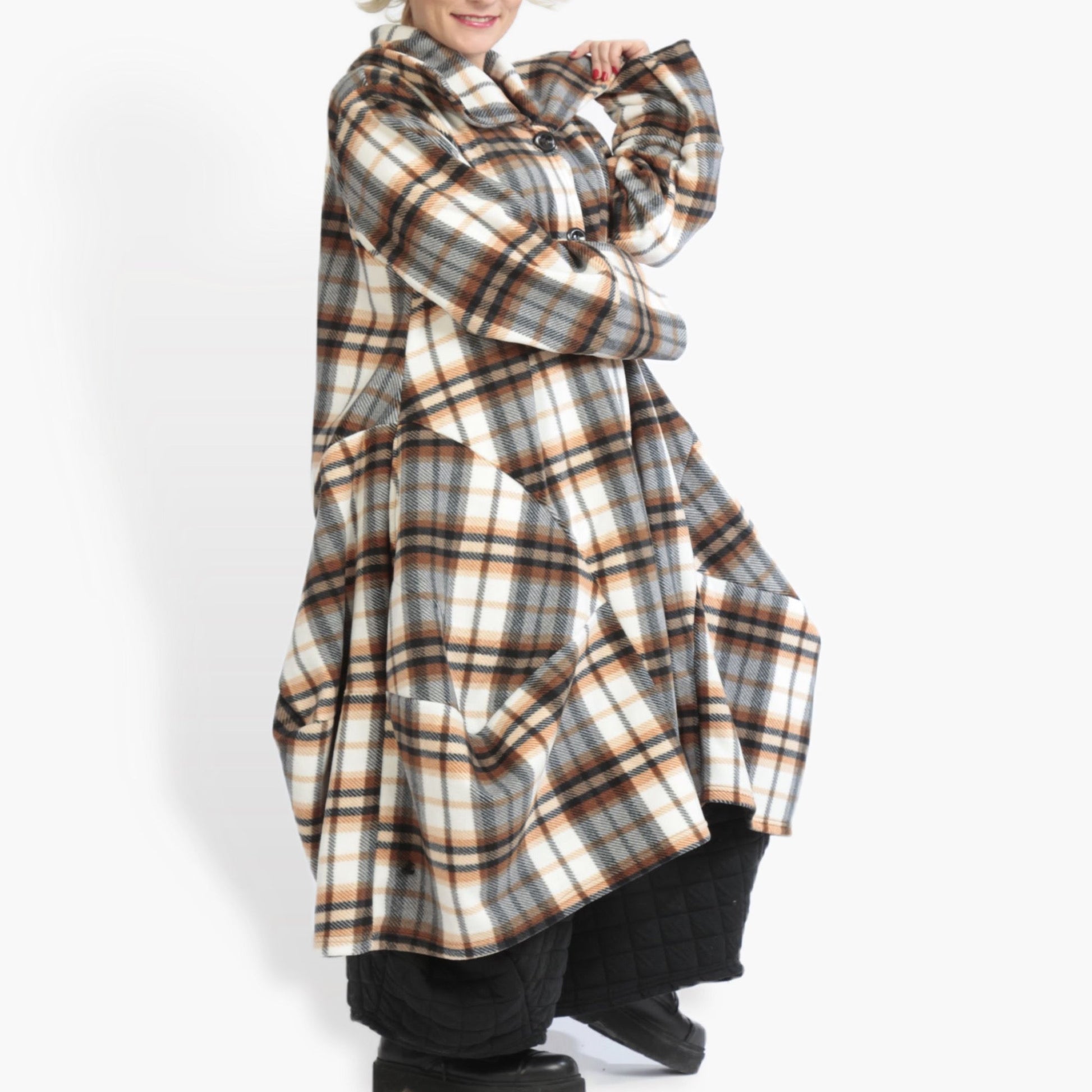  Ballonmantel im trendigen Lagenlook mit weichem Fleece-Polyester in multicolor-braunem Tartan