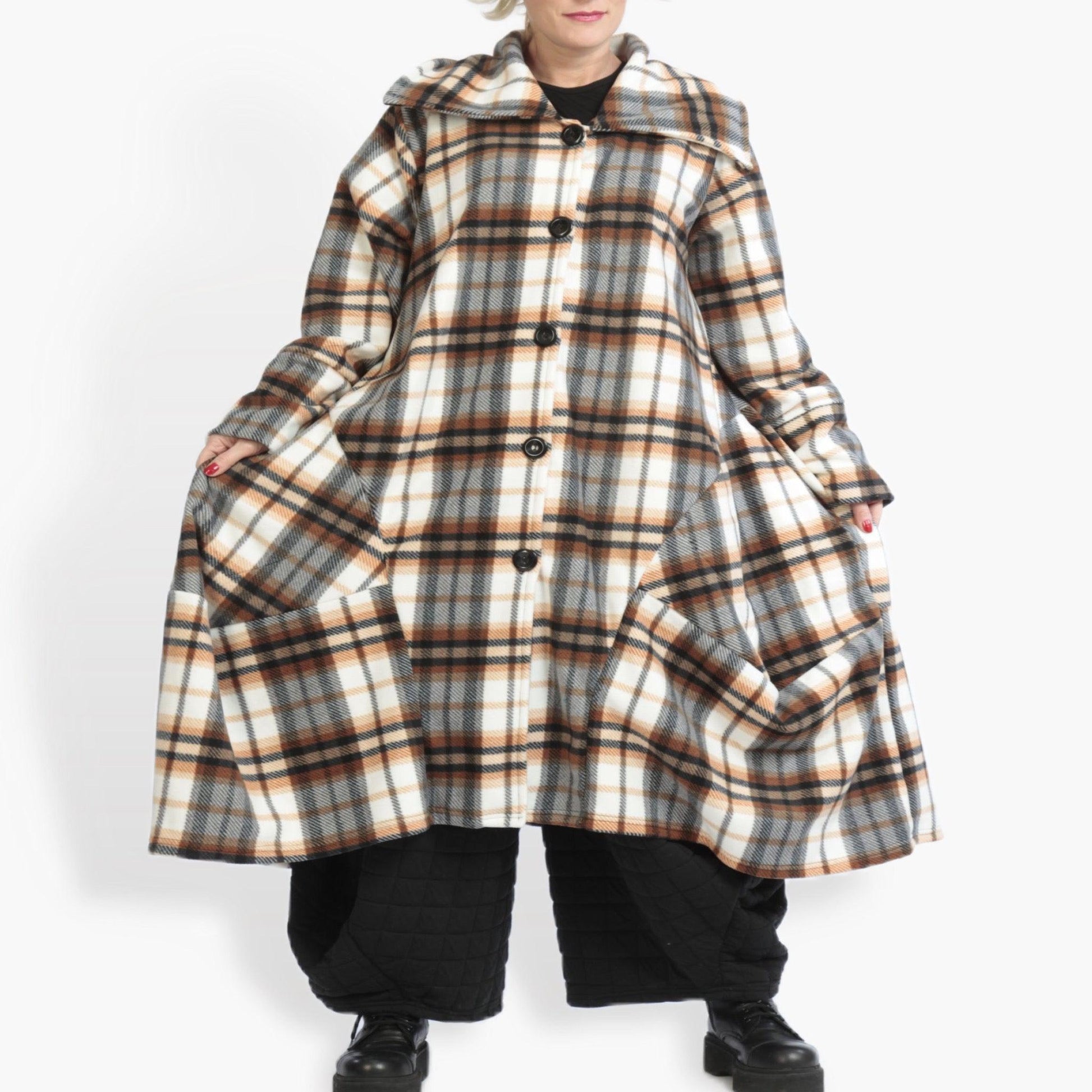  Ballonmantel im trendigen Lagenlook mit weichem Fleece-Polyester in multicolor-braunem Tartan